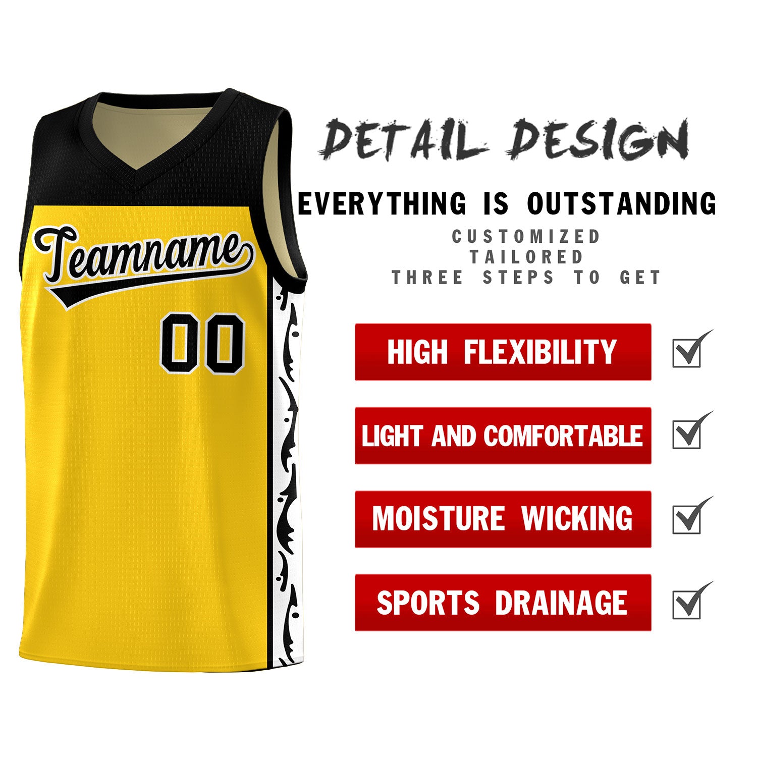 Custom Gold Side Pattern Sports Uniform Basketball Jersey