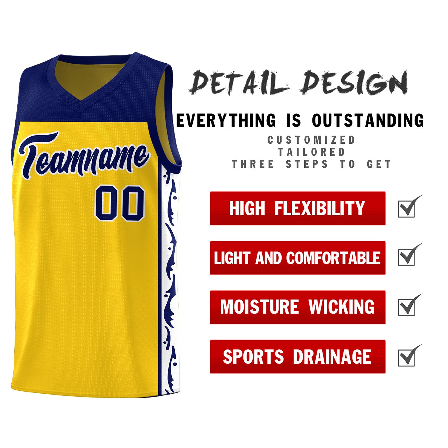 Custom Gold Side Pattern Sports Uniform Basketball Jersey
