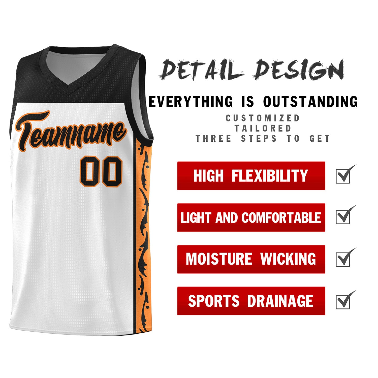 Custom White Side Pattern Sports Uniform Basketball Jersey