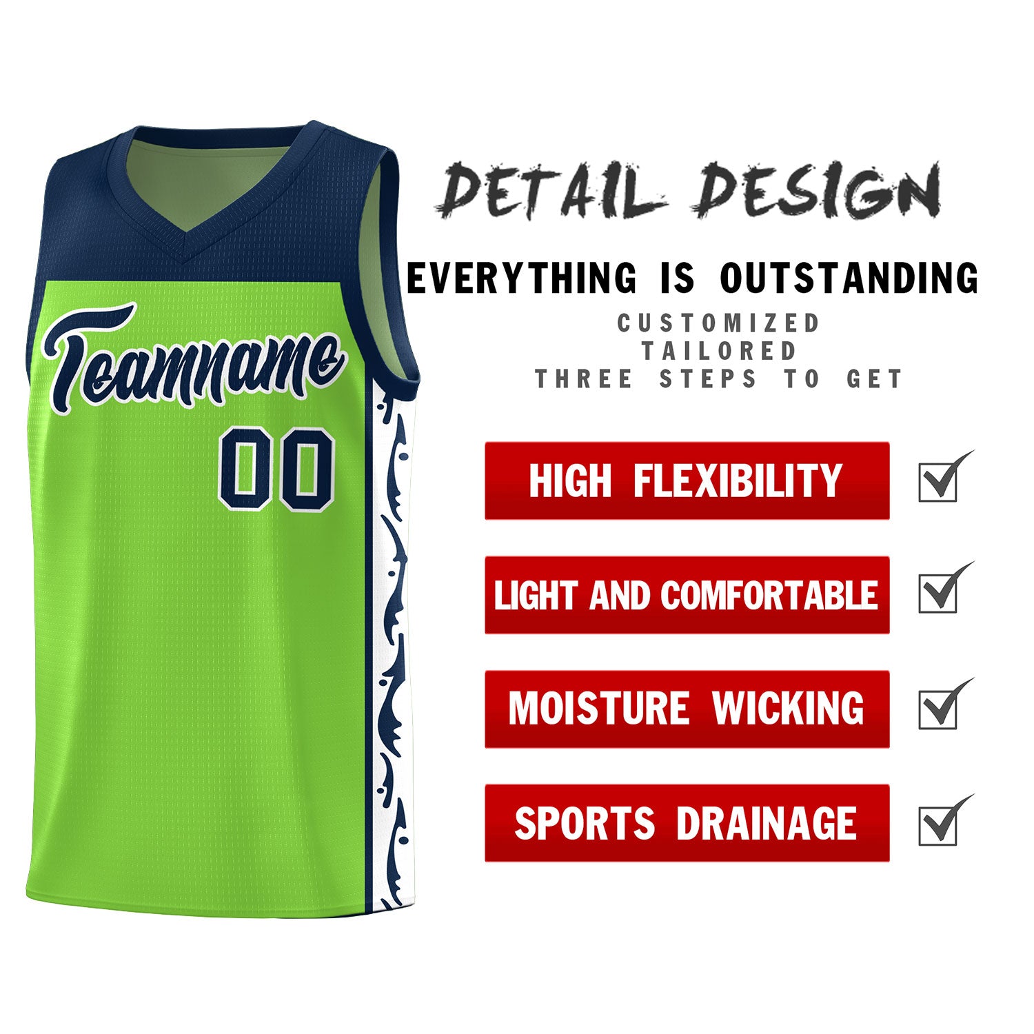 Custom Neon Green Side Pattern Sports Uniform Basketball Jersey