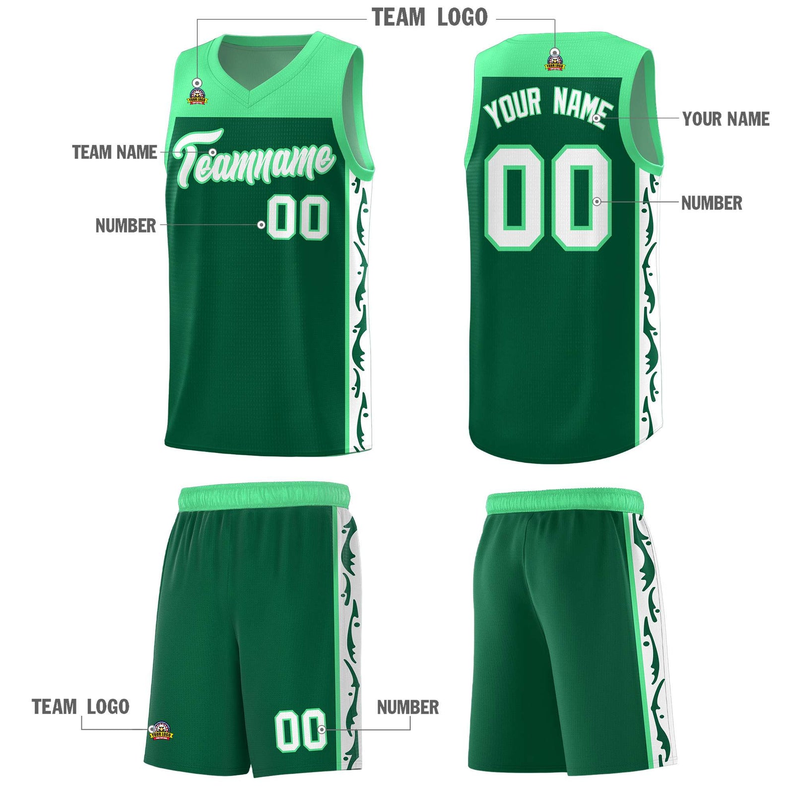 Custom Kelly Green Side Pattern Sports Uniform Basketball Jersey