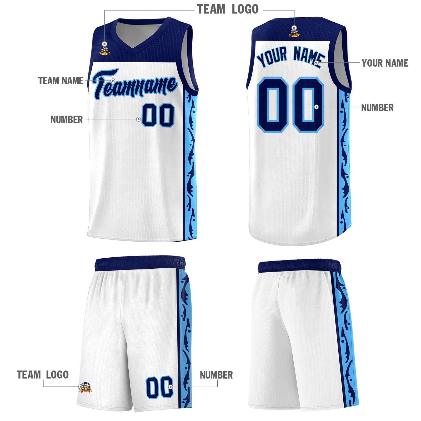 Custom White Side Pattern Sports Uniform Basketball Jersey