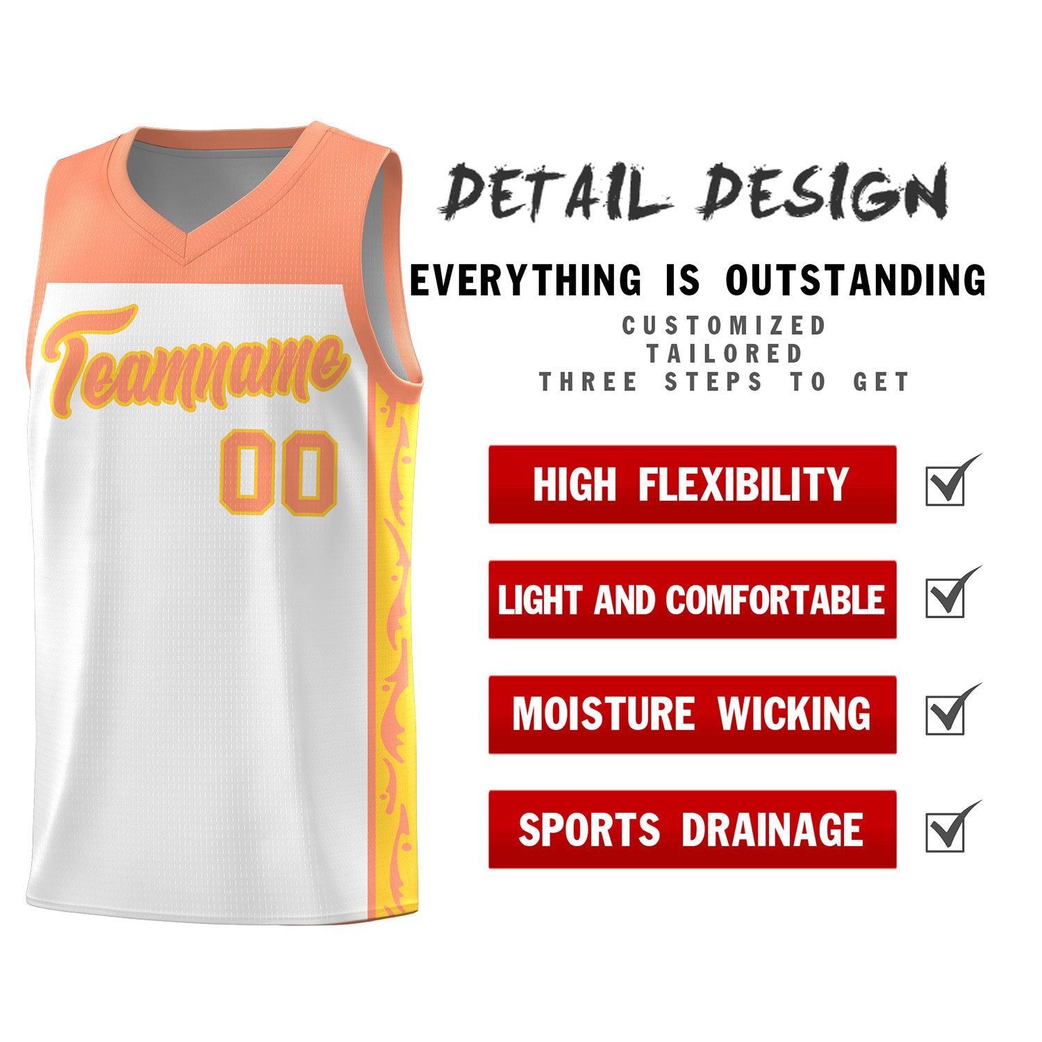 Custom White Side Pattern Sports Uniform Basketball Jersey