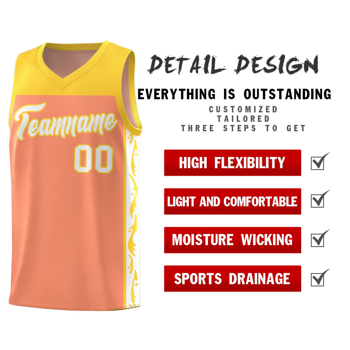 Custom Gold Orange Side Pattern Sports Uniform Basketball Jersey