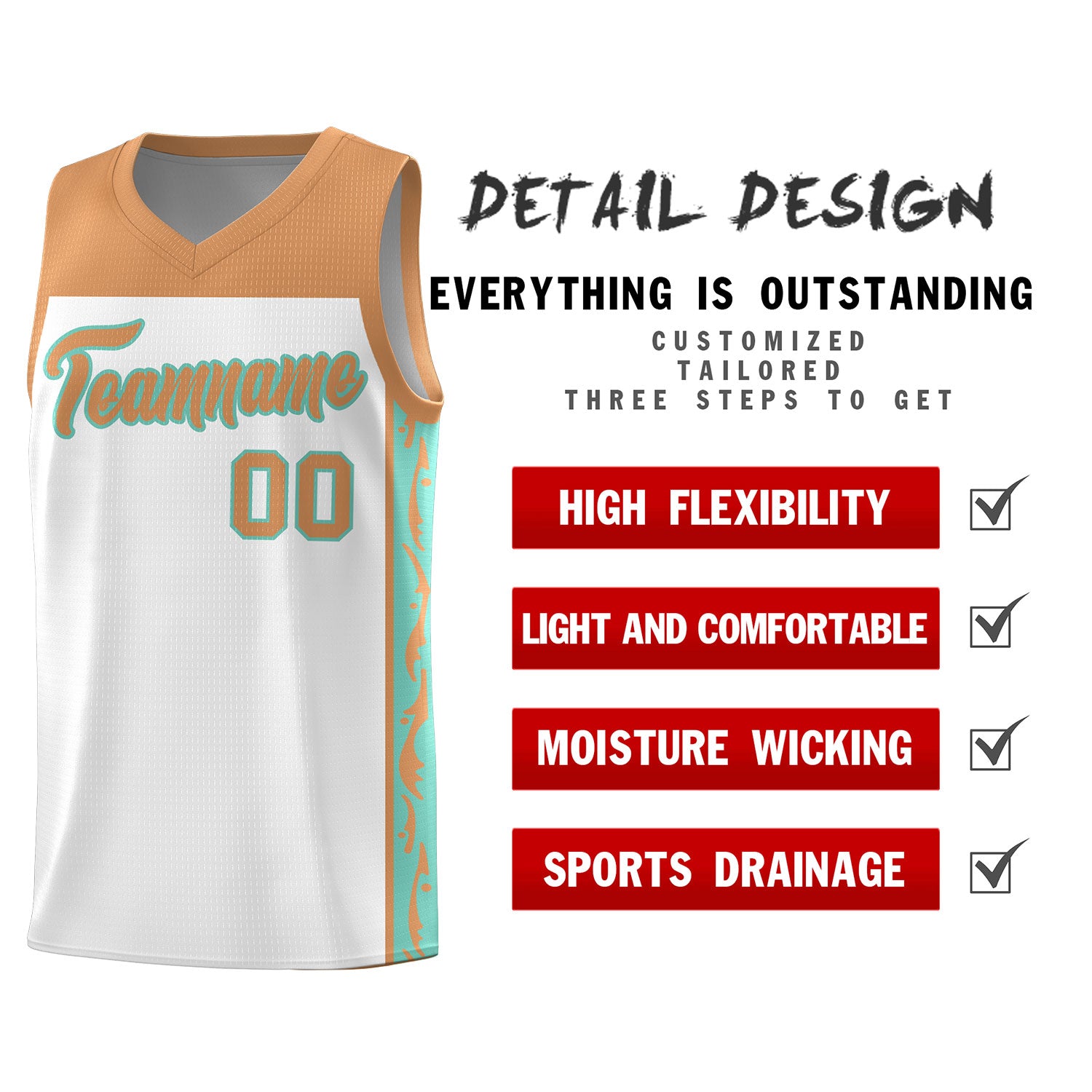 Custom White Side Pattern Sports Uniform Basketball Jersey