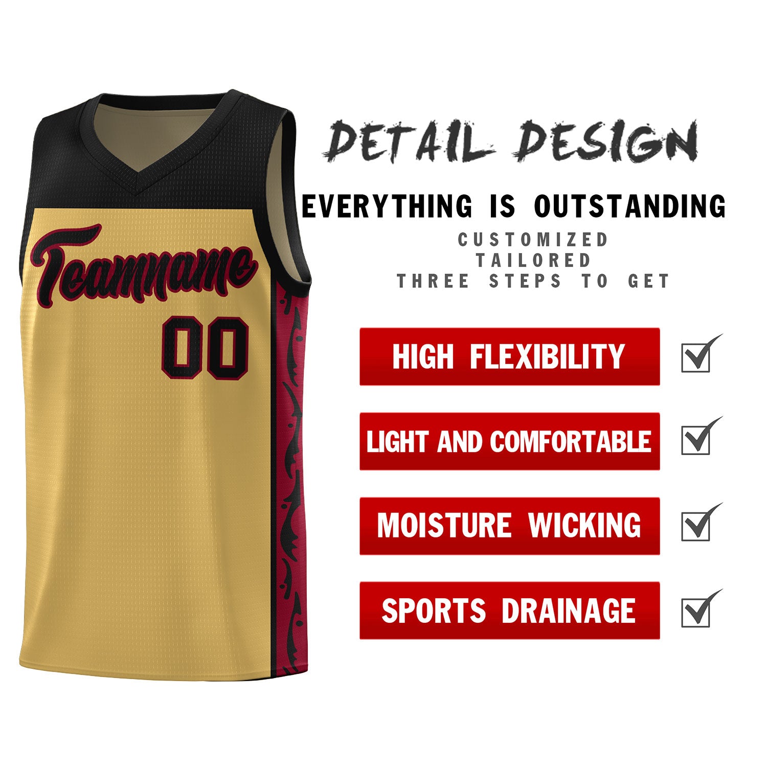 Custom Old Gold Side Pattern Sports Uniform Basketball Jersey