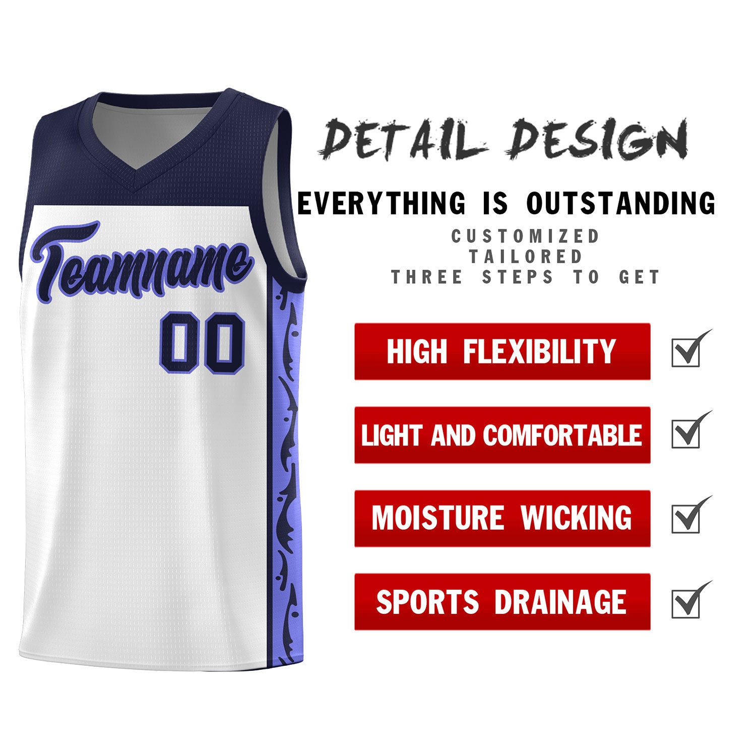 Custom White Side Pattern Sports Uniform Basketball Jersey