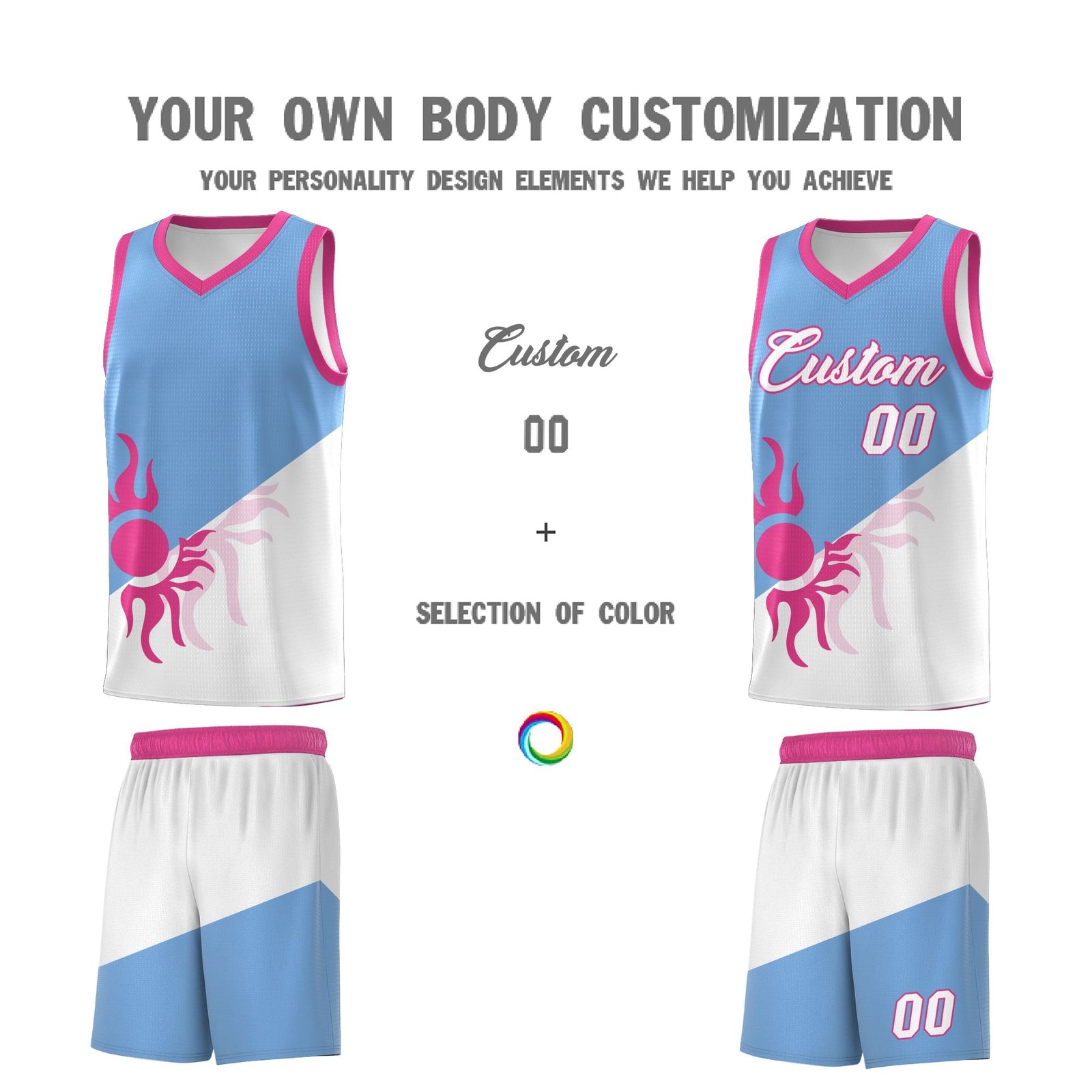 Custom Youth Basketball Jerseys - Powder Blue White Sunburst Design Two Tone Uniforms