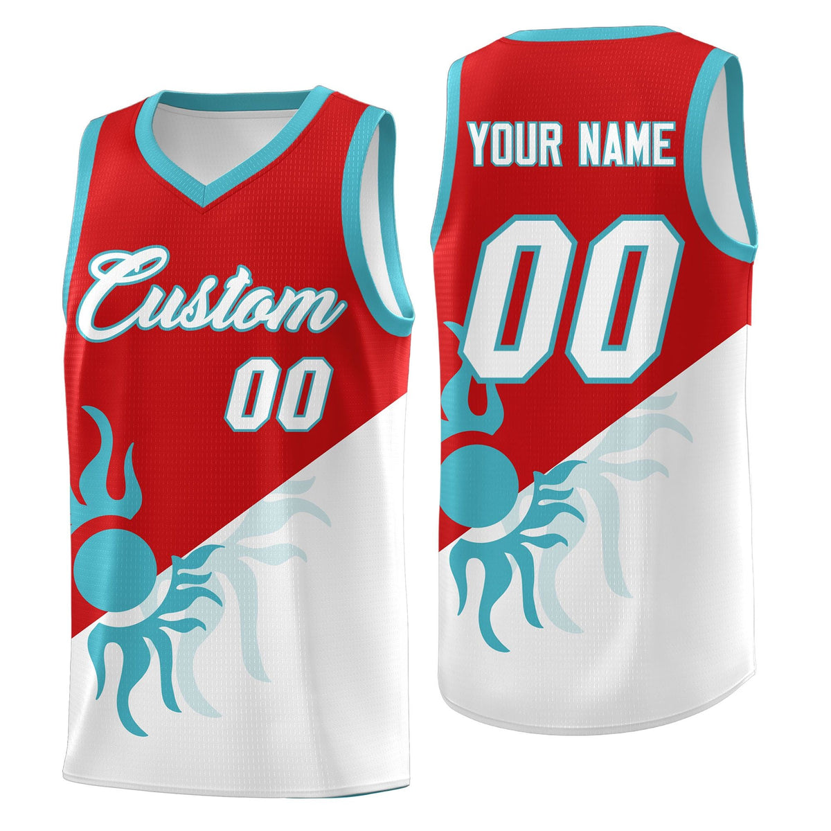 Custom Youth Basketball Jerseys - Red White Radiant Sun Design Two Tone Uniforms