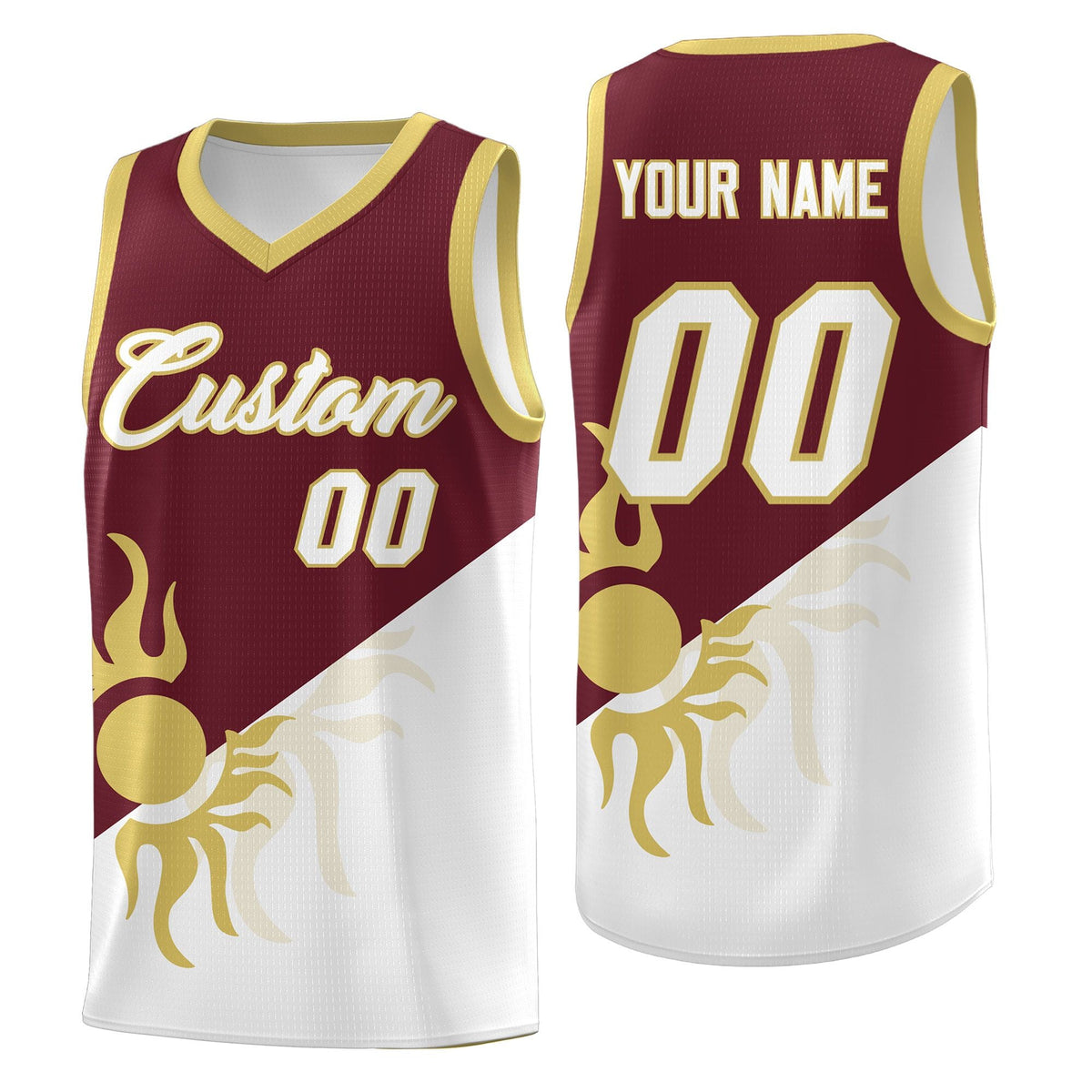 Custom Youth Basketball Jerseys - Burgundy White Sunburst Design Two Tone Uniforms