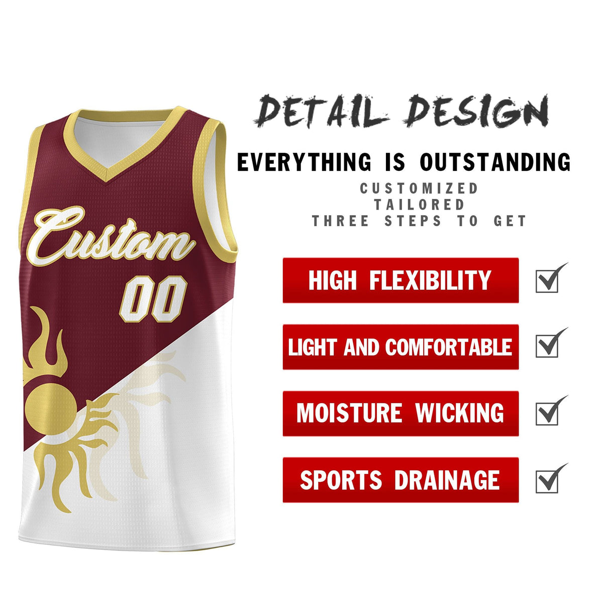 Custom Youth Basketball Jerseys - Burgundy White Sunburst Design Two Tone Uniforms