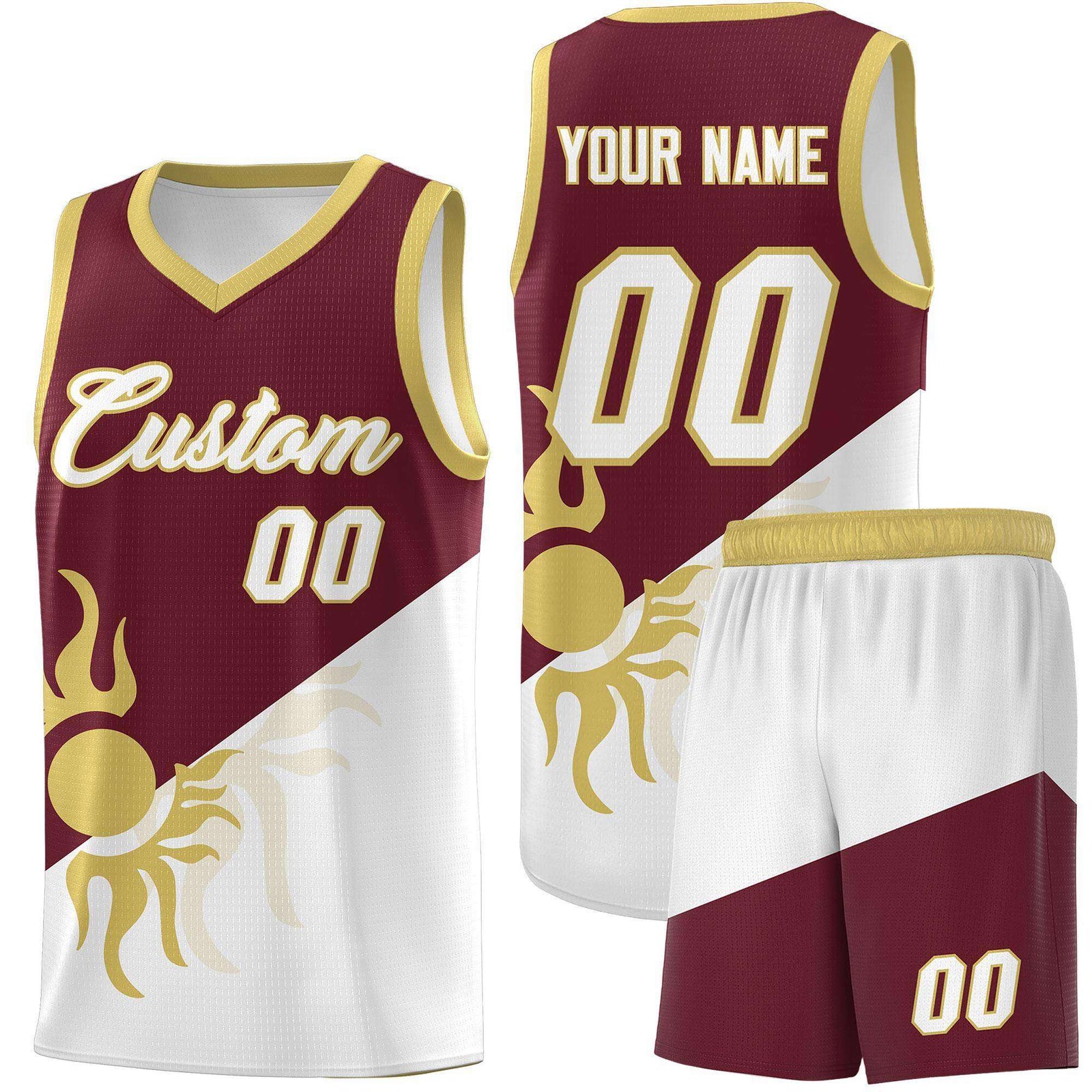 Custom Youth Basketball Jerseys - Burgundy White Sunburst Design Two Tone Uniforms