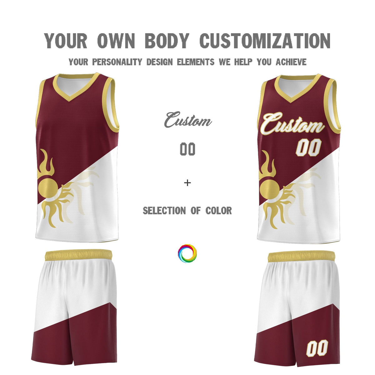Custom Youth Basketball Jerseys - Burgundy White Sunburst Design Two Tone Uniforms
