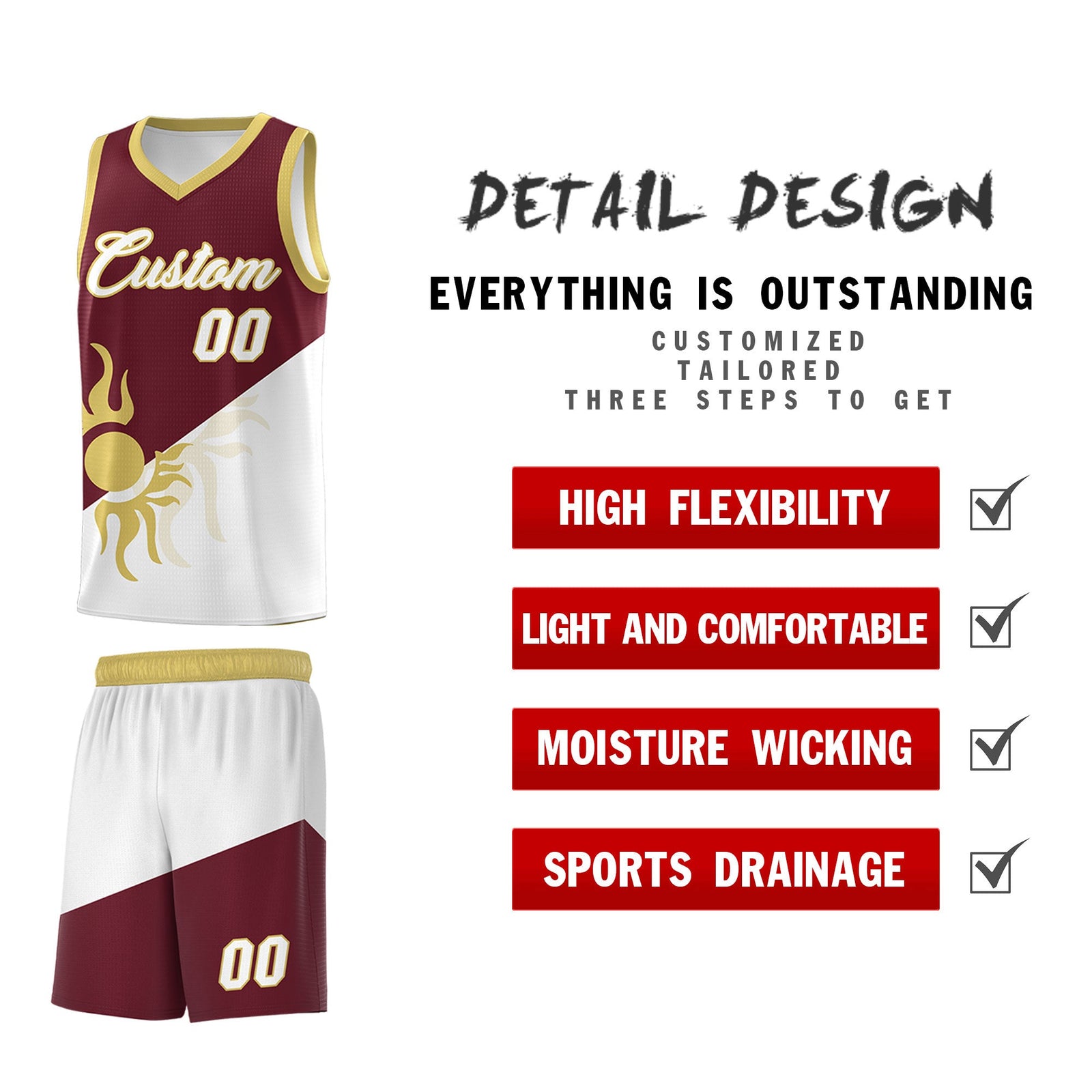 Custom Youth Basketball Jerseys - Burgundy White Sunburst Design Two Tone Uniforms