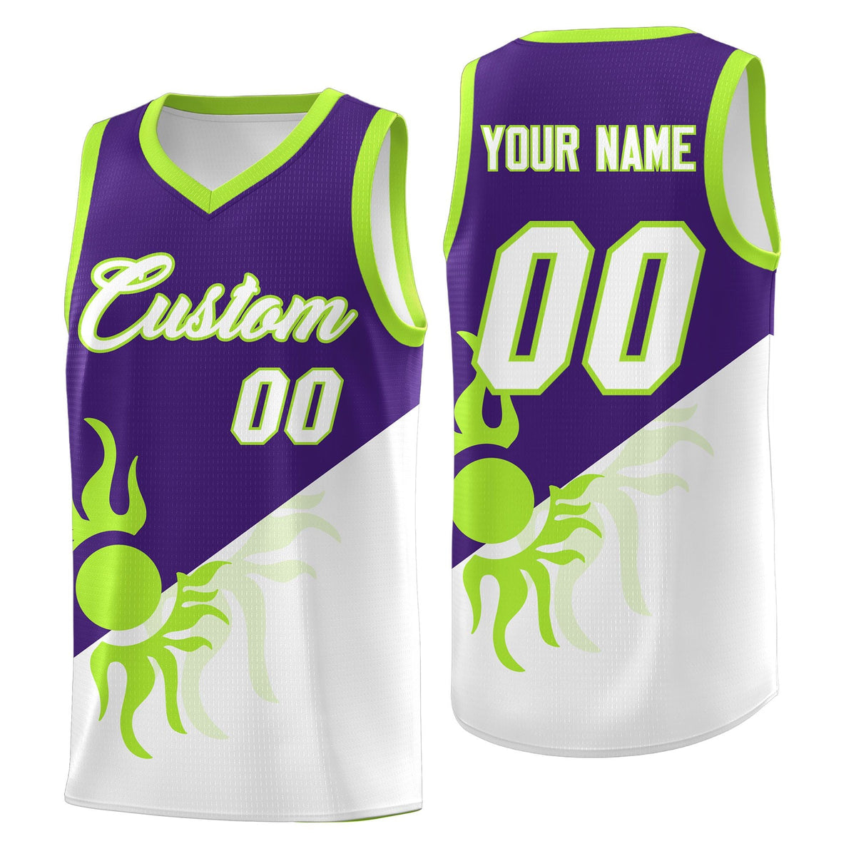 Custom Youth Basketball Jerseys - Purple White Radiant Sun Design Two Tone Uniforms