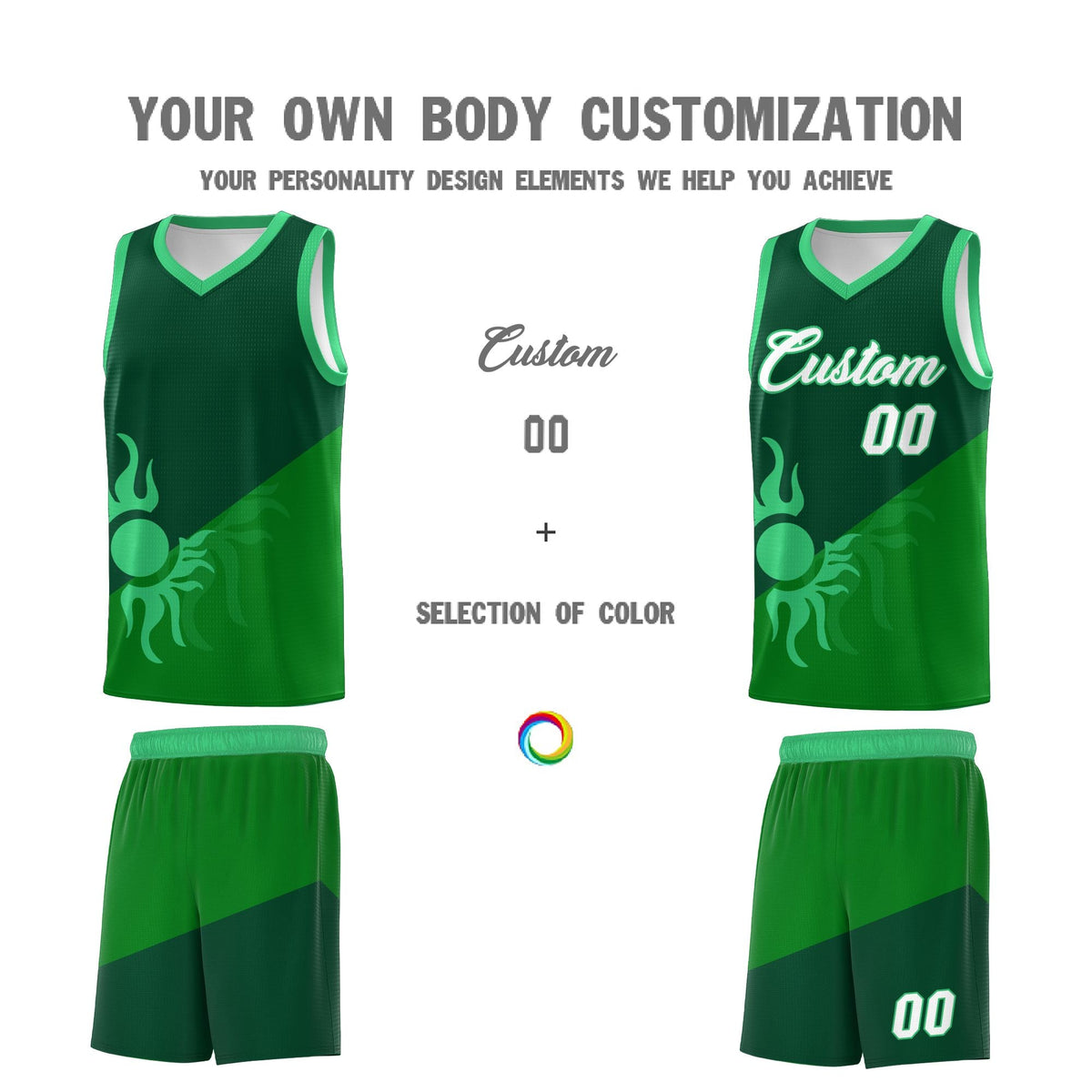 Custom Youth Basketball Jerseys - Kelly Green Kelly Green Sunburst Design Two Tone Uniforms