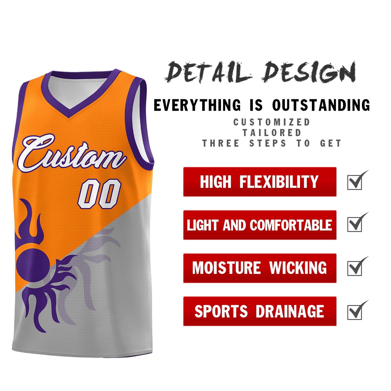 Custom Youth Basketball Jerseys - Orange Gray Sunburst Design Two Tone Uniforms