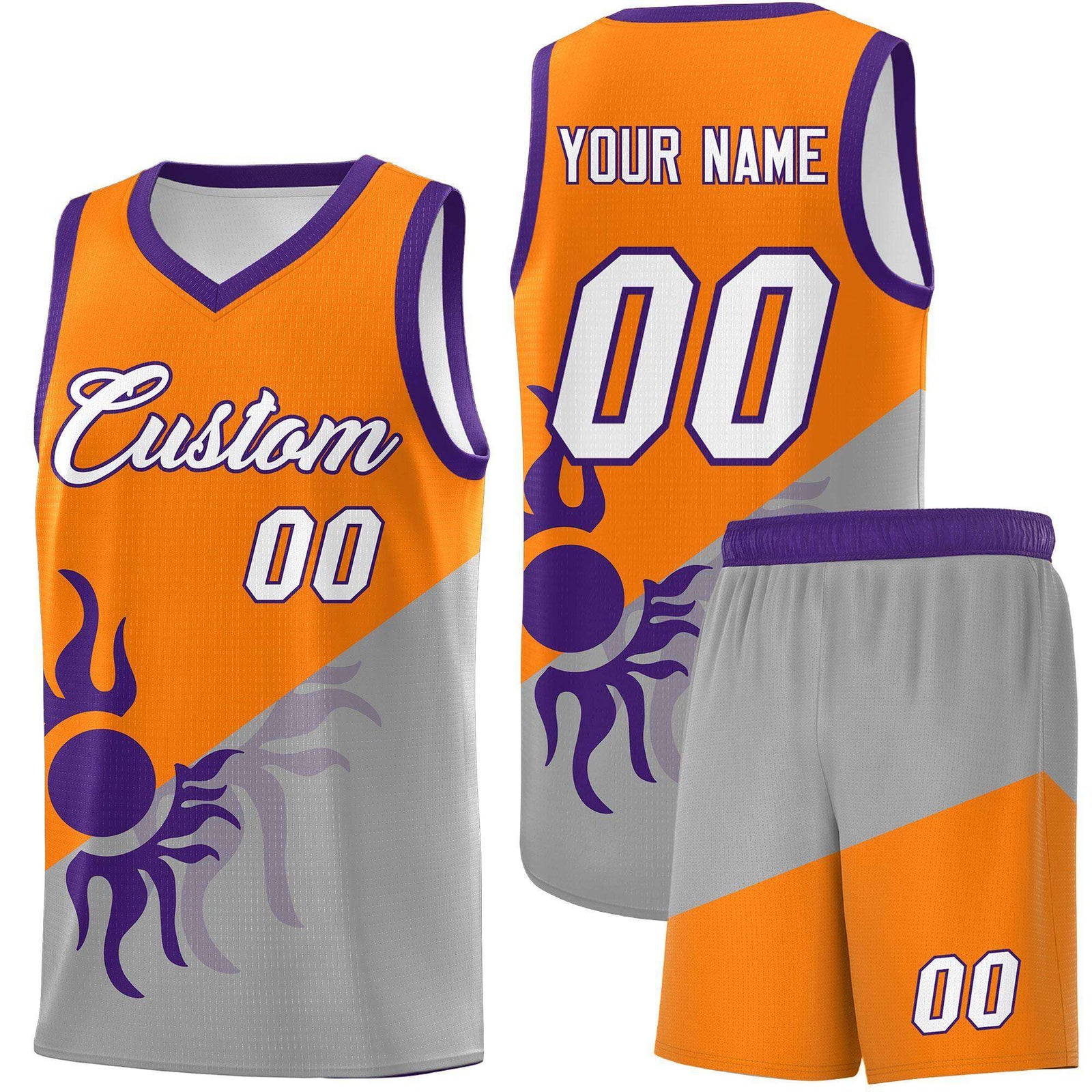 Custom Youth Basketball Jerseys - Orange Gray Sunburst Design Two Tone Uniforms