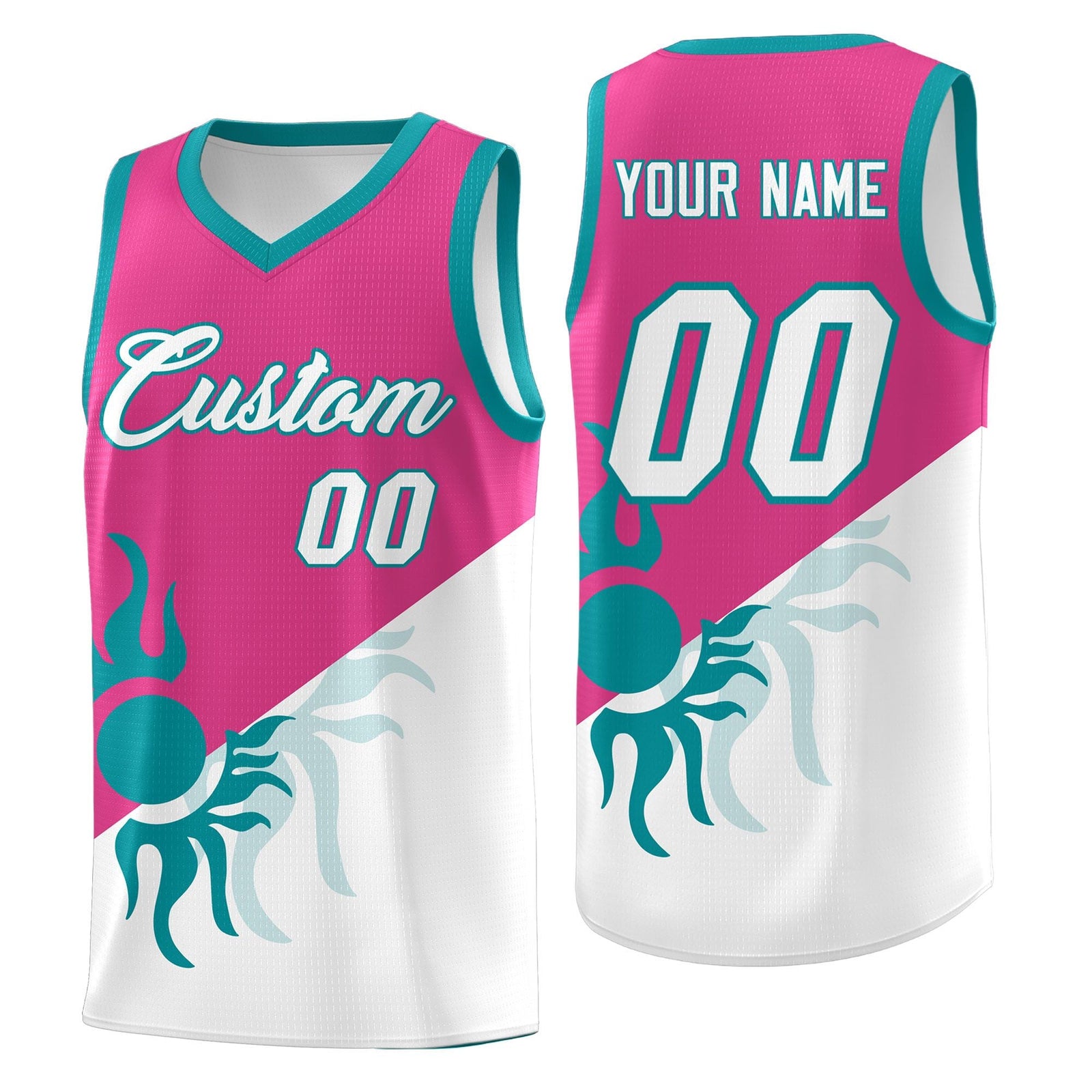 Custom Youth Basketball Jerseys - Rose Red White Radiant Sun Design Two Tone Uniforms