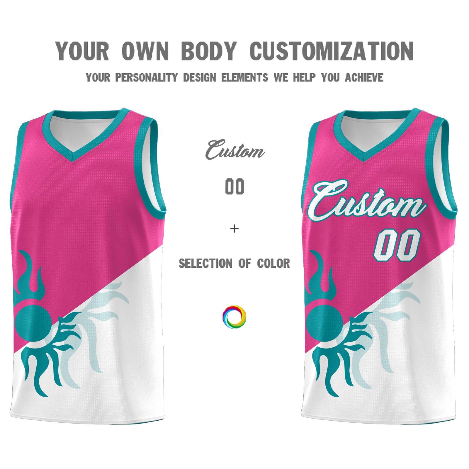 Custom Youth Basketball Jerseys - Rose Red White Radiant Sun Design Two Tone Uniforms