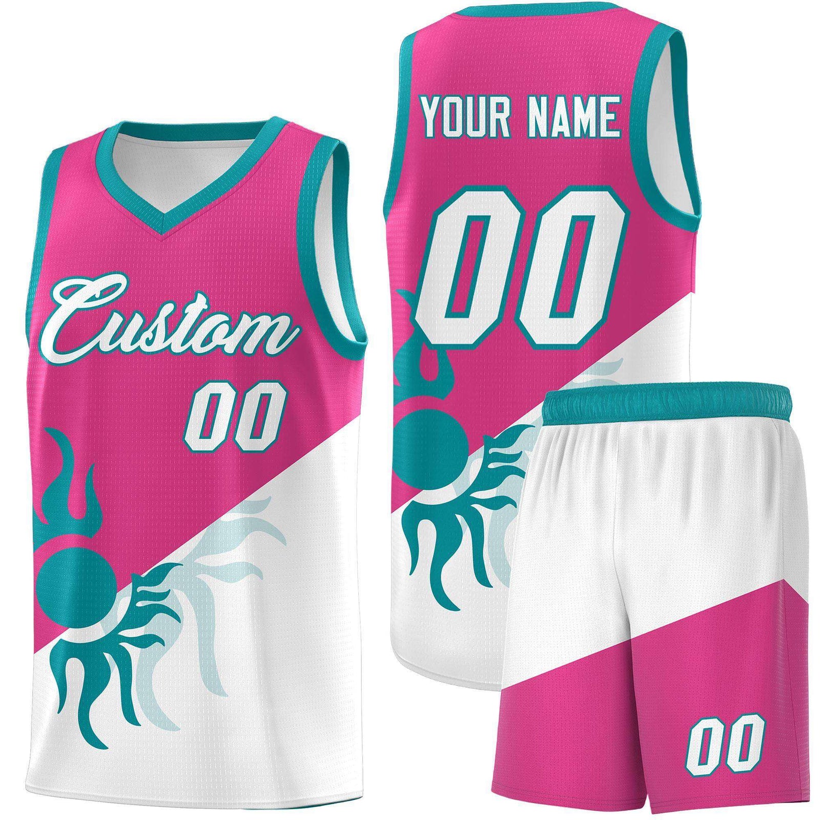 Custom Youth Basketball Jerseys - Rose Red White Radiant Sun Design Two Tone Uniforms
