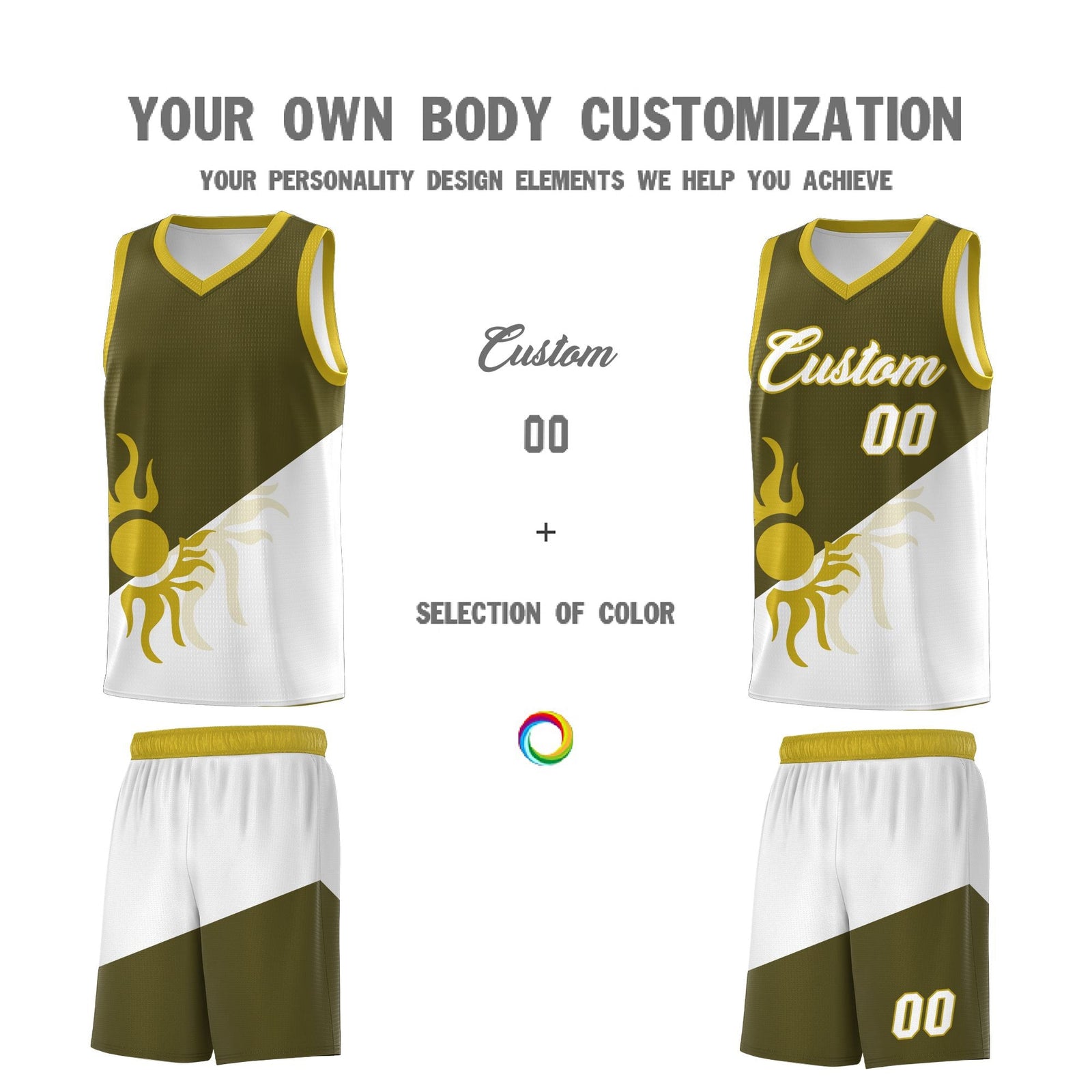 Custom Youth Basketball Jerseys - Olive White Sunburst Design Two Tone Uniforms