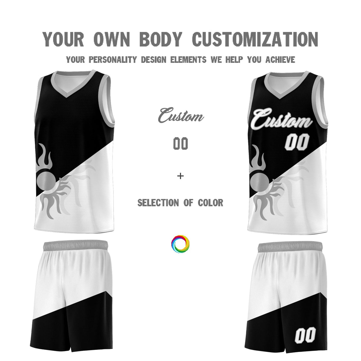 Custom Youth Basketball Jerseys - Black White Radiant Sun Design Two Tone Uniforms