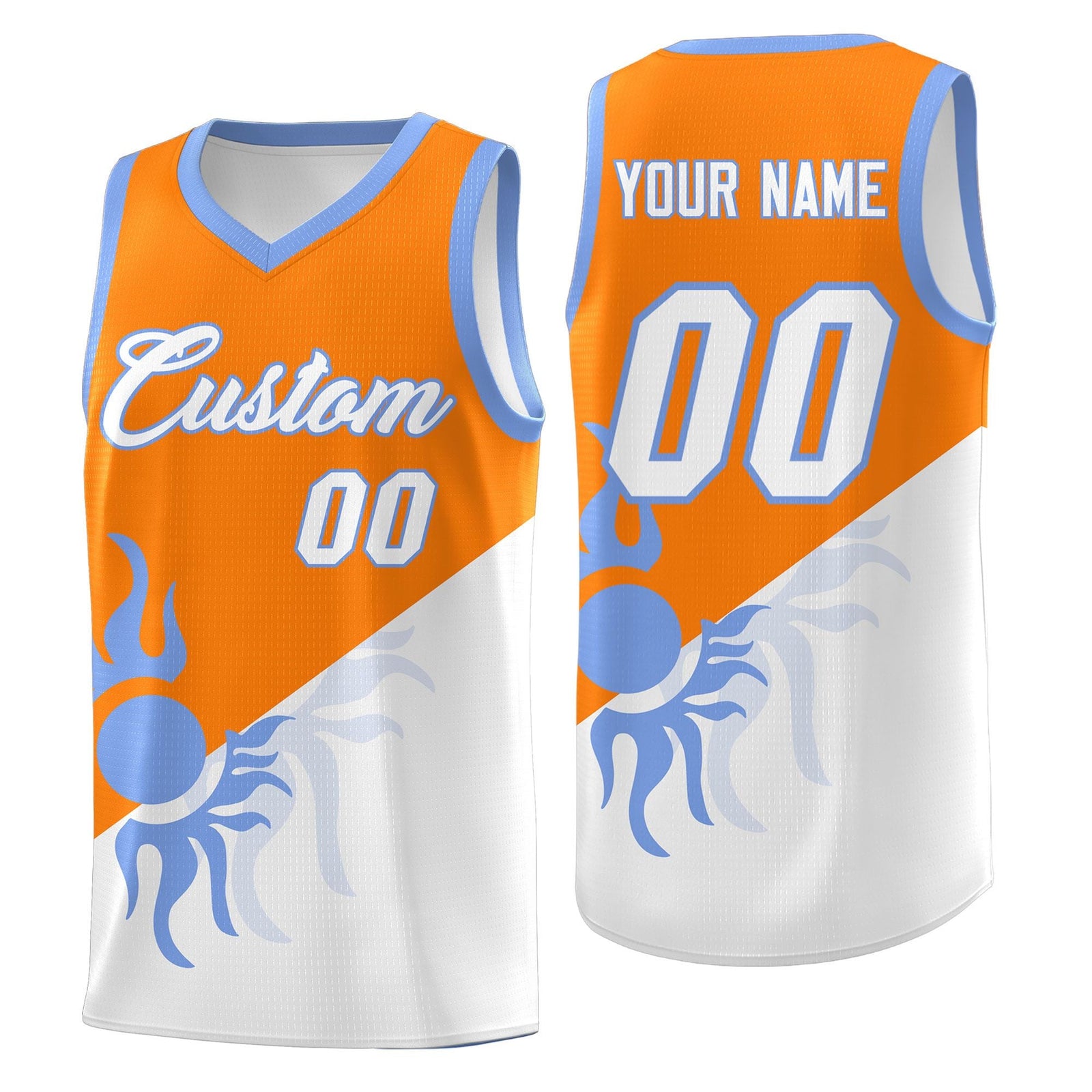 Custom Youth Basketball Jerseys - Orange White Radiant Sun Design Two Tone Uniforms