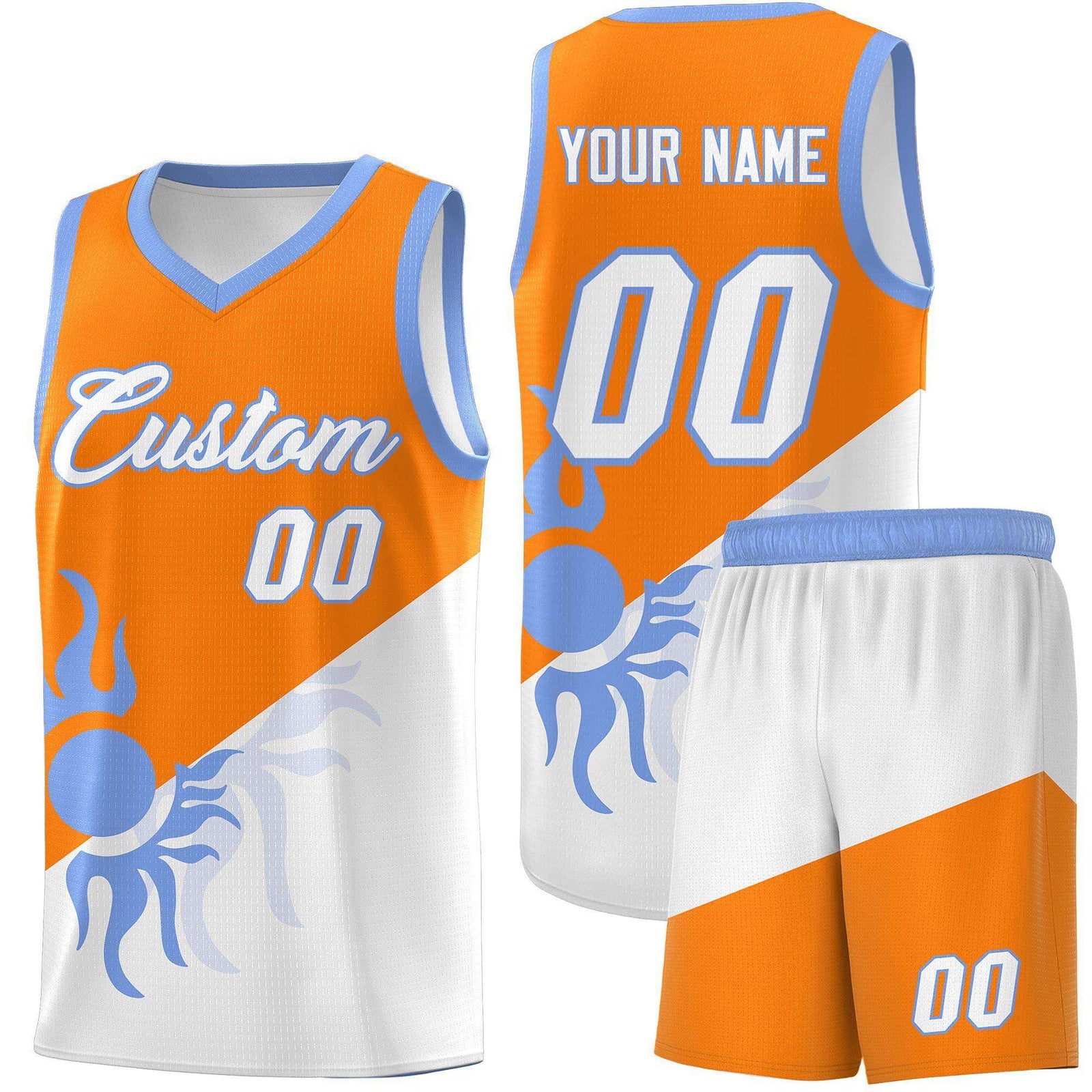 Custom Youth Basketball Jerseys - Orange White Radiant Sun Design Two Tone Uniforms