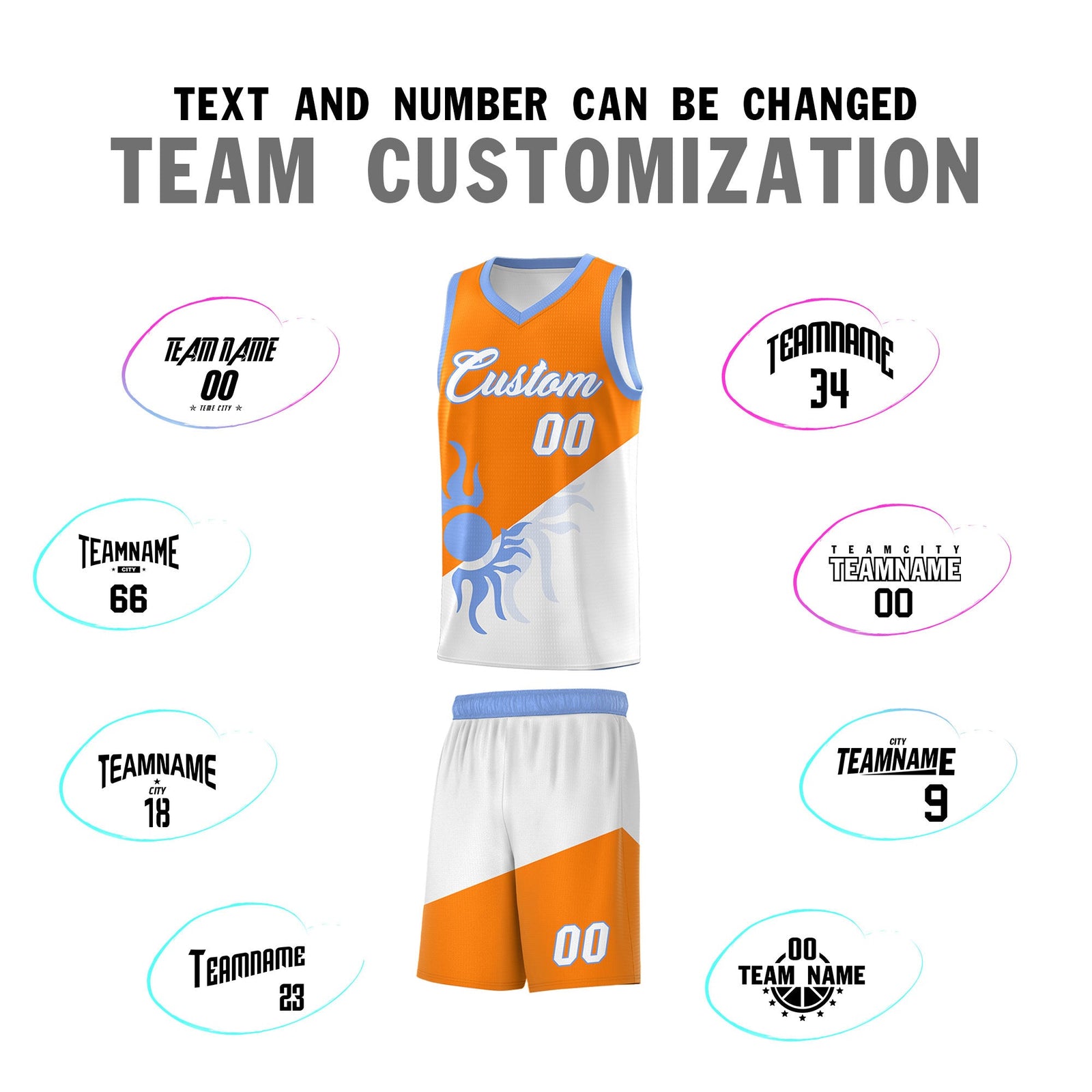 Custom Youth Basketball Jerseys - Orange White Radiant Sun Design Two Tone Uniforms