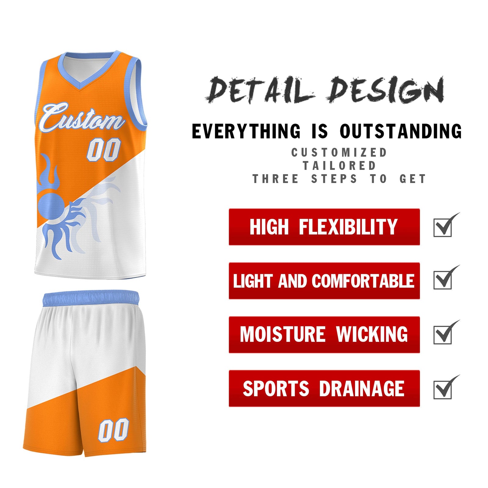 Custom Youth Basketball Jerseys - Orange White Radiant Sun Design Two Tone Uniforms