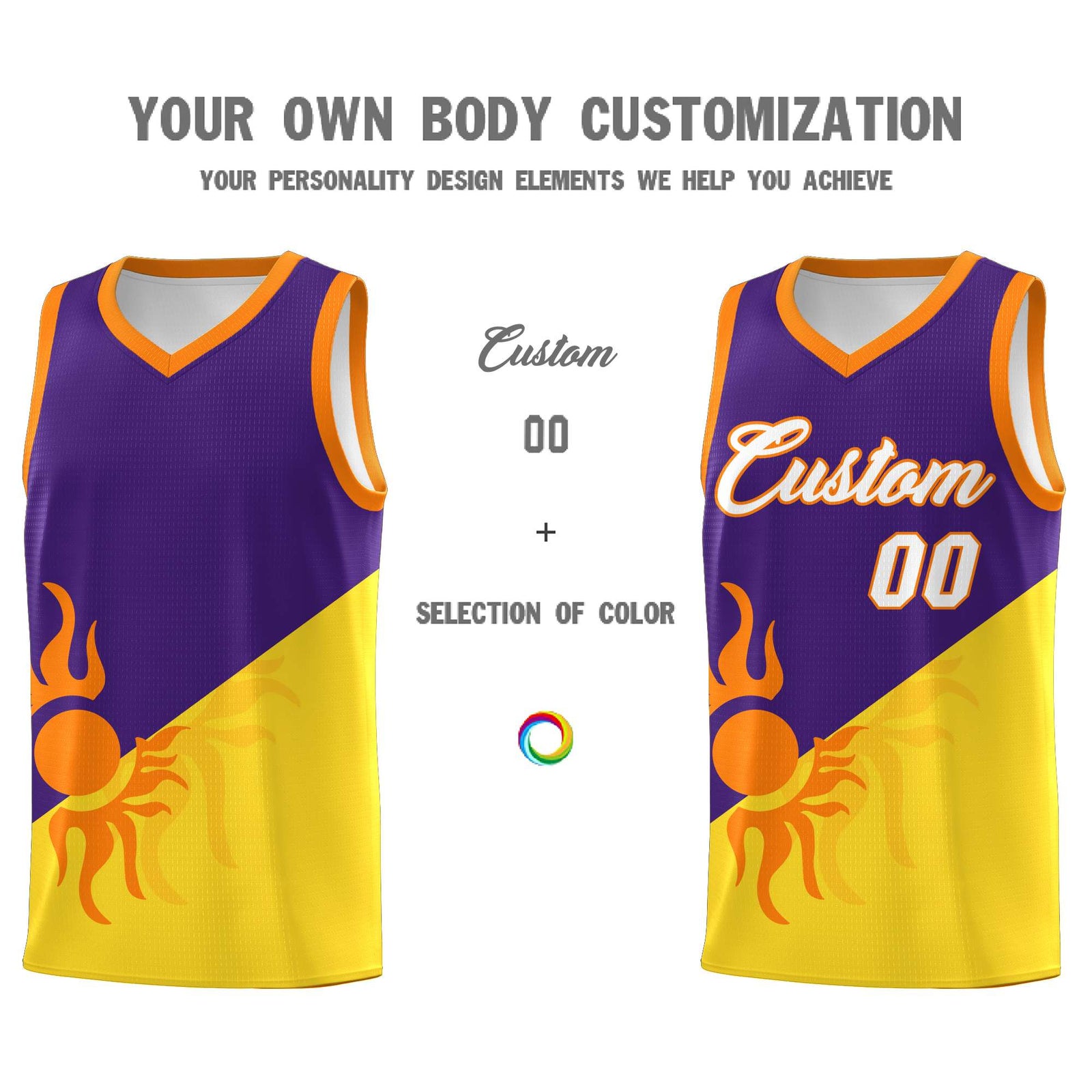 Custom Youth Basketball Jerseys - Purple Gold Radiant Sun Design Two Tone Uniforms