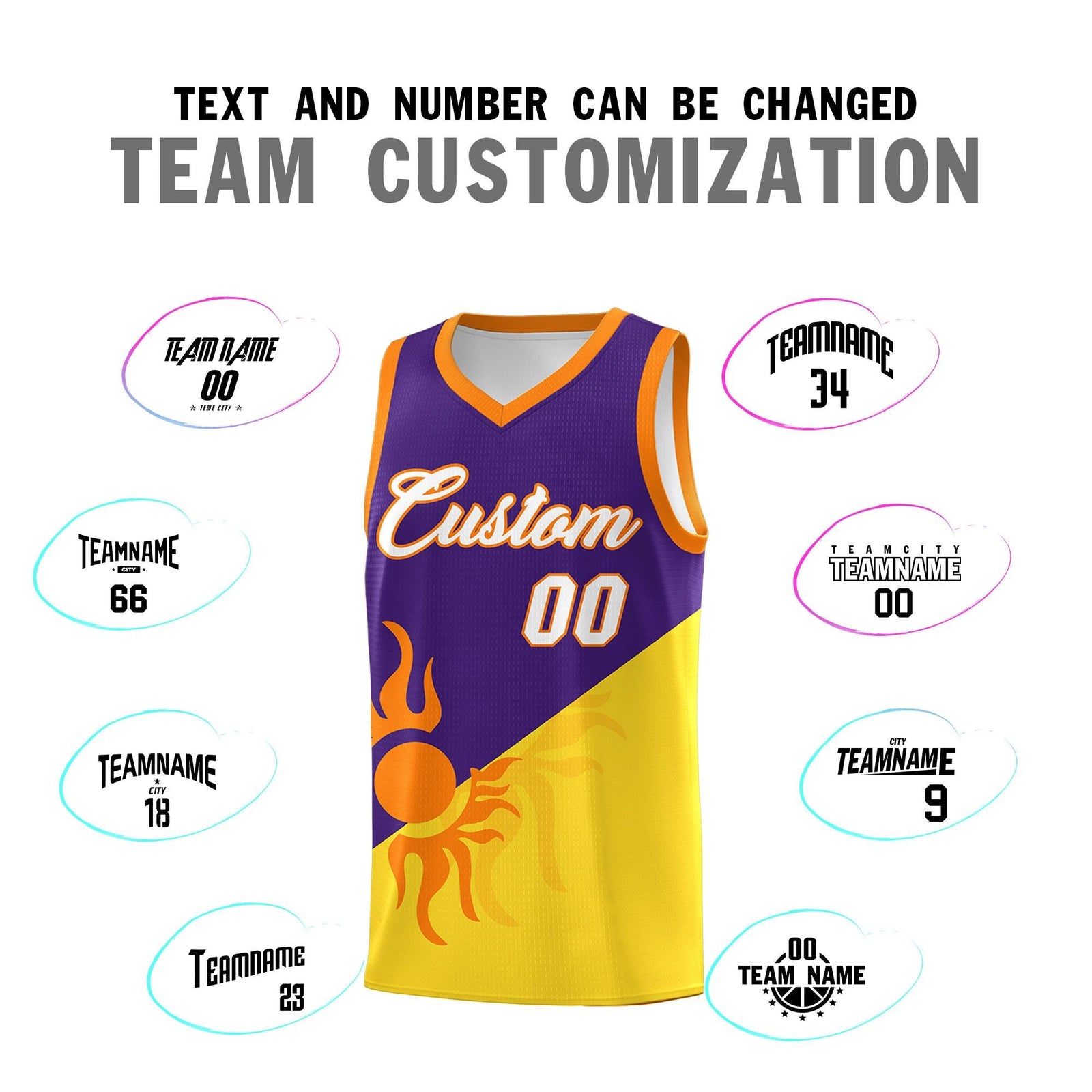 Custom Youth Basketball Jerseys - Purple Gold Radiant Sun Design Two Tone Uniforms