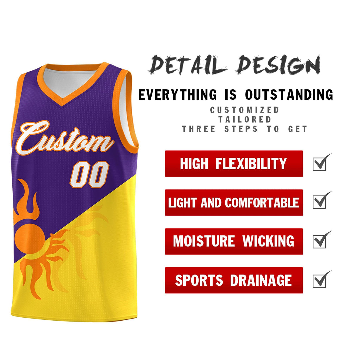 Custom Youth Basketball Jerseys - Purple Gold Radiant Sun Design Two Tone Uniforms