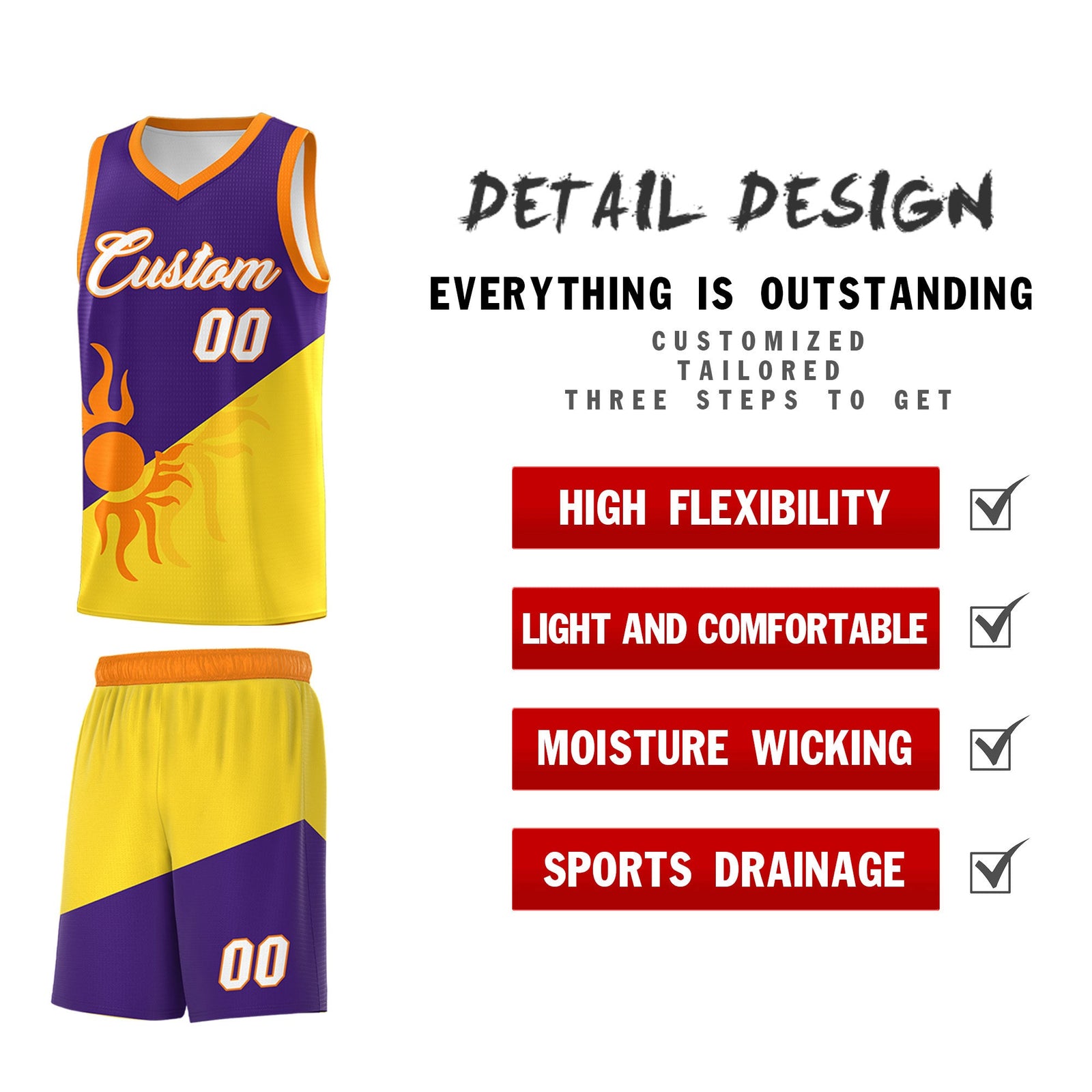 Custom Youth Basketball Jerseys - Purple Gold Radiant Sun Design Two Tone Uniforms