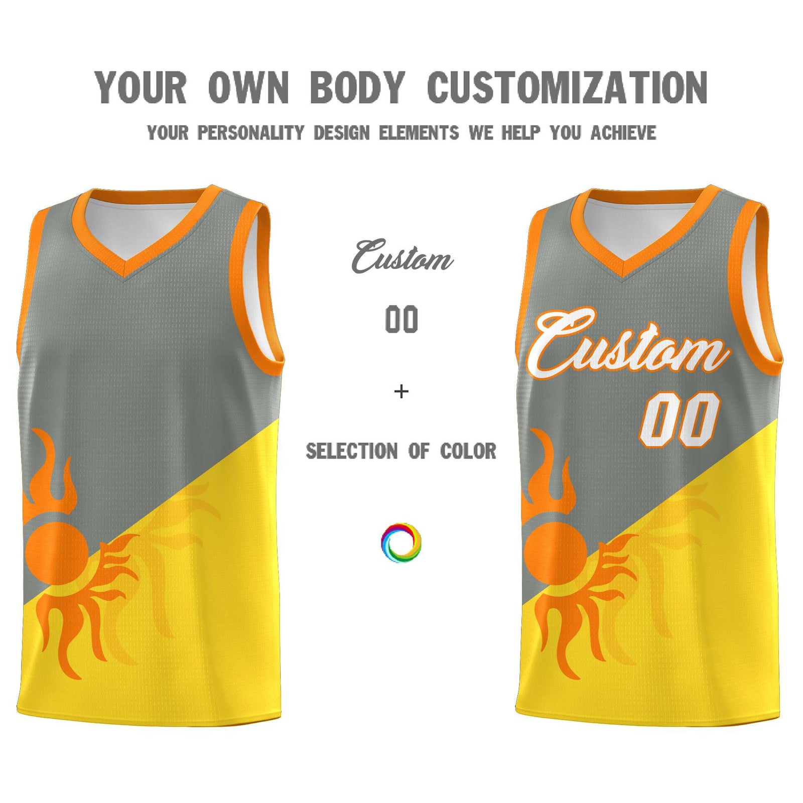 Custom Youth Basketball Jerseys - Gray Gold Radiant Sun Design Two Tone Uniforms