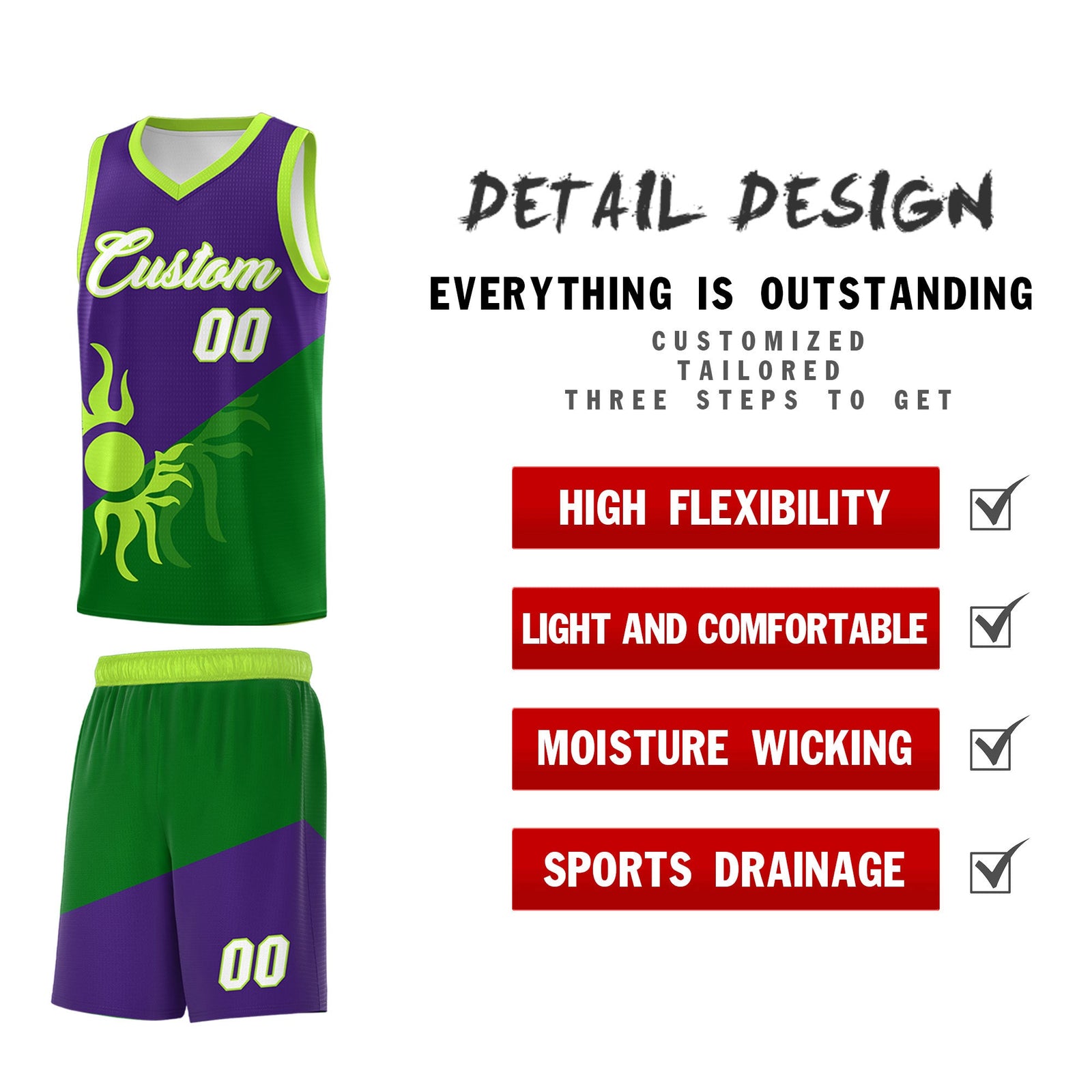 Custom Youth Basketball Jerseys - Purple Kelly Green Sunburst Design Two Tone Uniforms