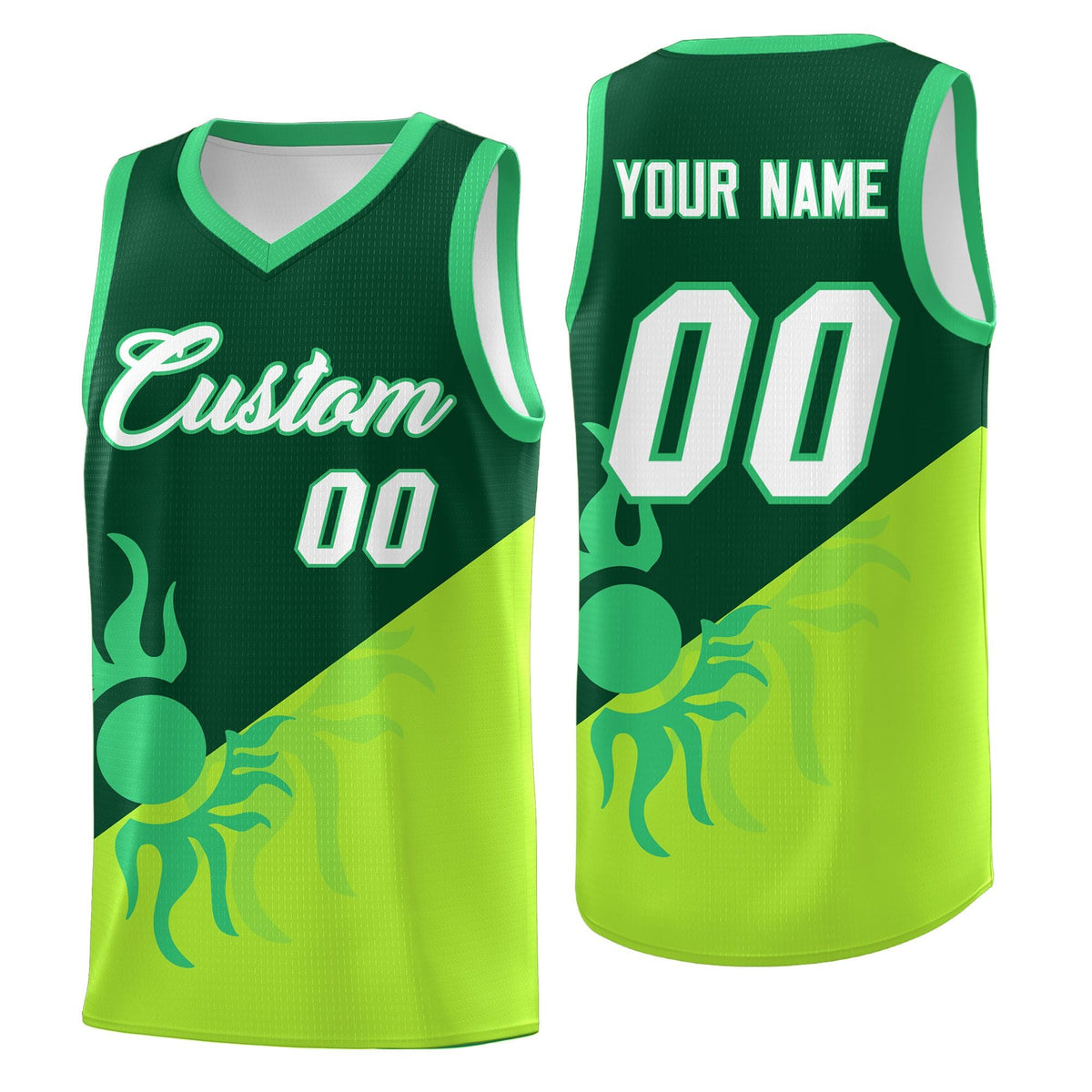 Custom Youth Basketball Jerseys - Kelly Green Neon Green Radiant Sun Design Two Tone Uniforms