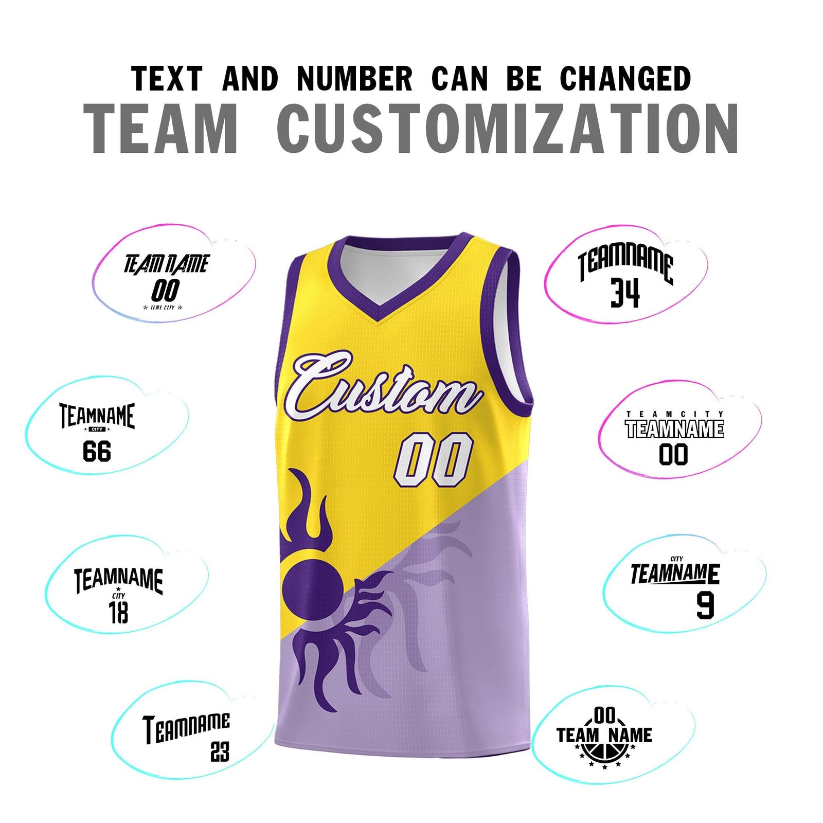 Custom Youth Basketball Jerseys - Light Purple Gold Sunburst Design Two Tone Uniforms