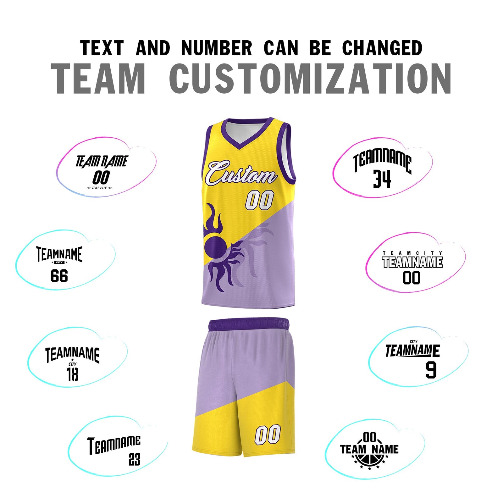 Custom Youth Basketball Jerseys - Light Purple Gold Sunburst Design Two Tone Uniforms