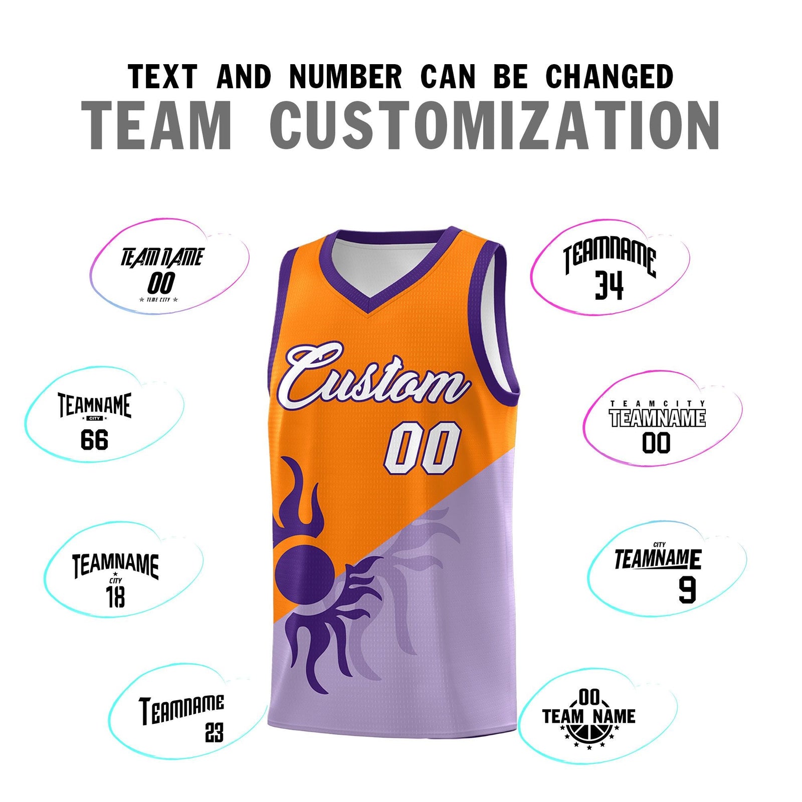 Custom Youth Basketball Jerseys - Light Purple Orange Radiant Sun Design Two Tone Uniforms