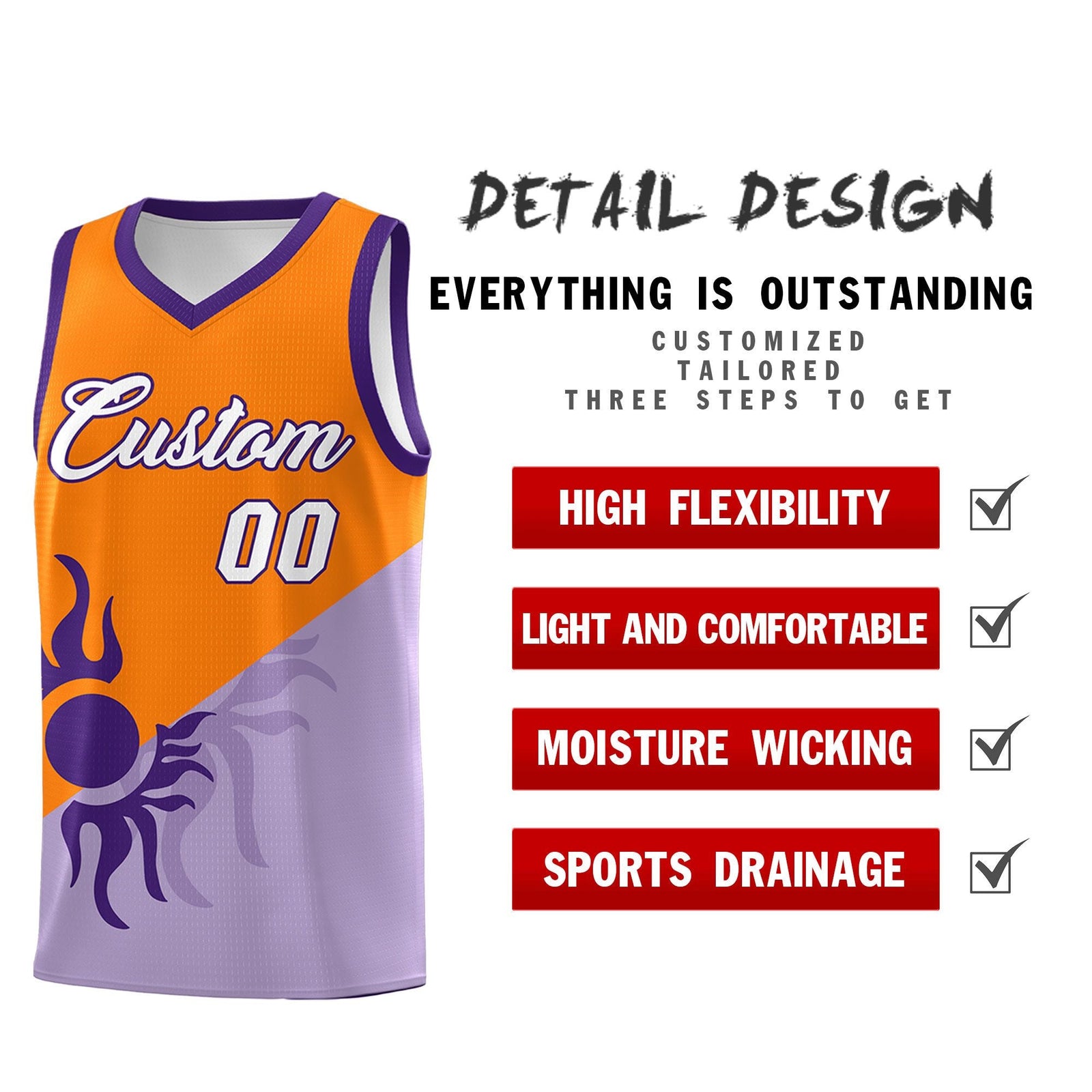 Custom Youth Basketball Jerseys - Light Purple Orange Radiant Sun Design Two Tone Uniforms