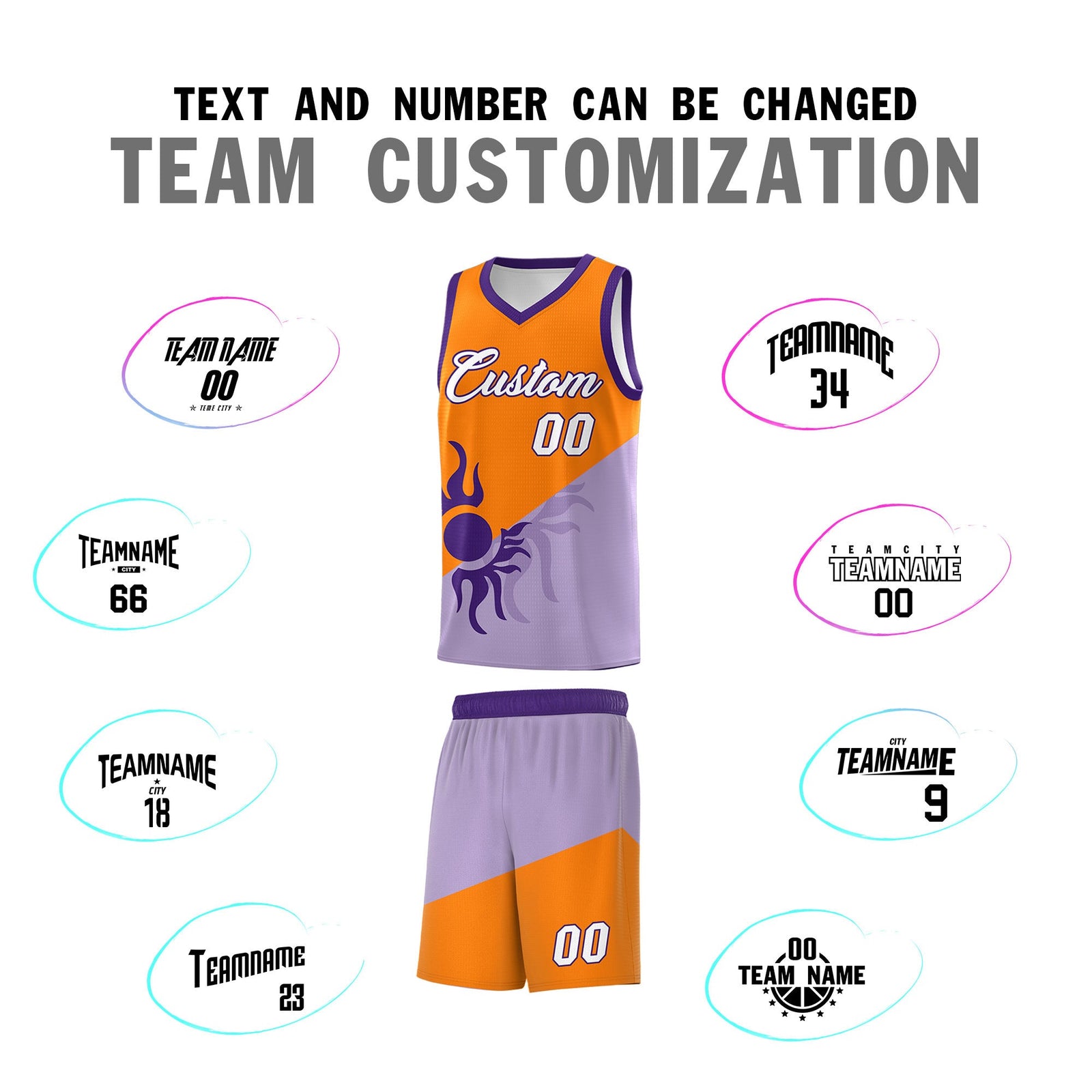 Custom Youth Basketball Jerseys - Light Purple Orange Radiant Sun Design Two Tone Uniforms