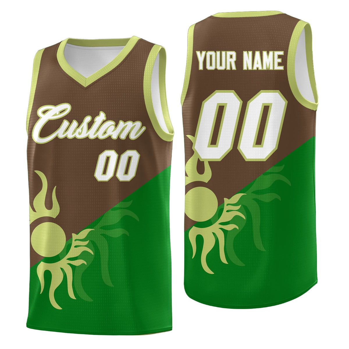 Custom Youth Basketball Jerseys - Kelly Green Light Brown Sunburst Design Two Tone Uniforms