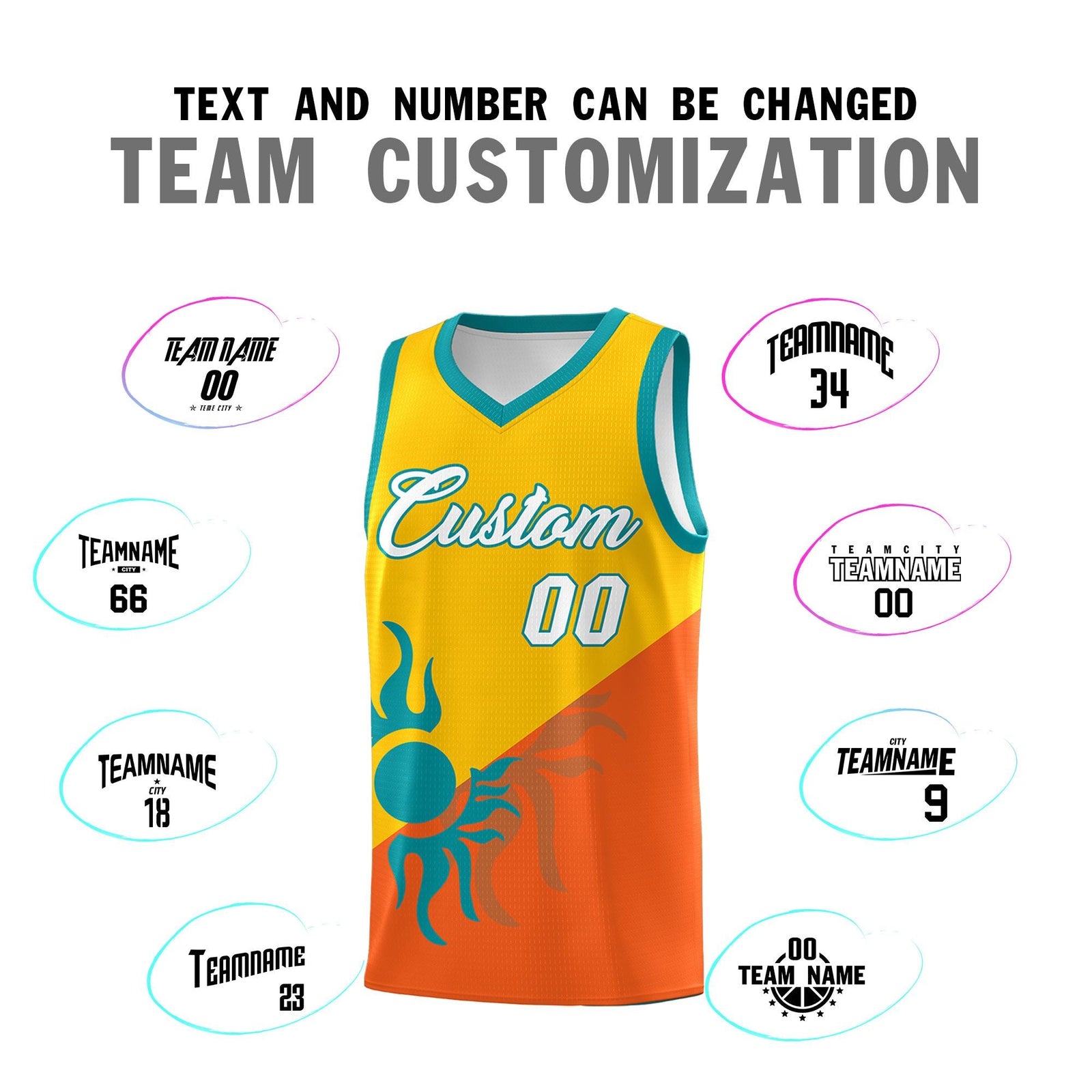 Custom Youth Basketball Jerseys - Yellow Orange Radiant Sun Design Two Tone Uniforms