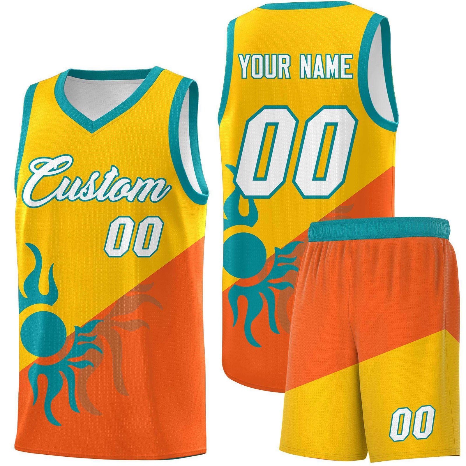 Custom Youth Basketball Jerseys - Yellow Orange Radiant Sun Design Two Tone Uniforms