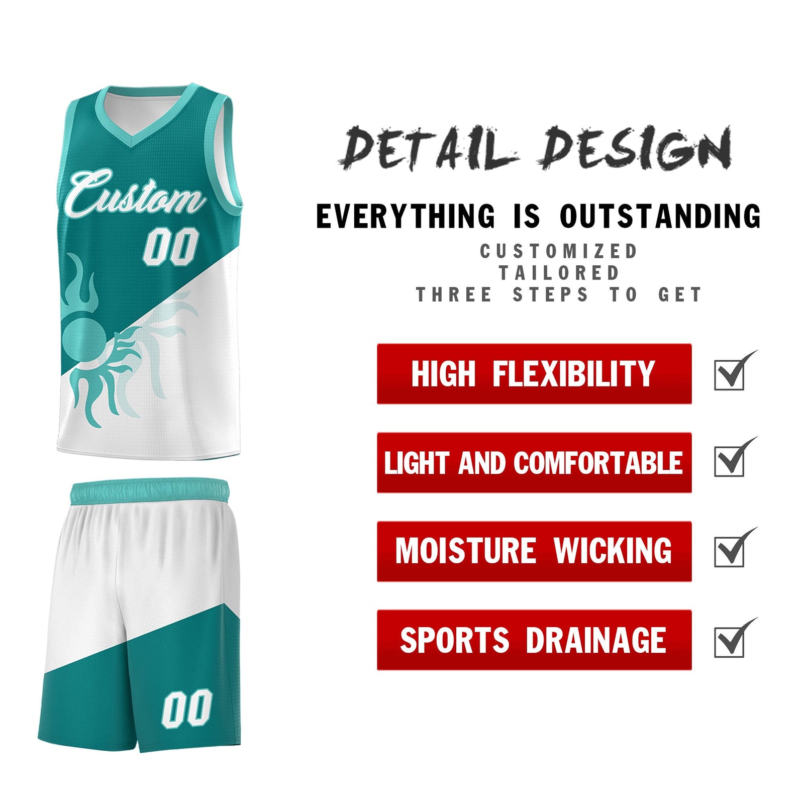 Custom Youth Basketball Jerseys - Teal White Sunburst Design Two Tone Uniforms