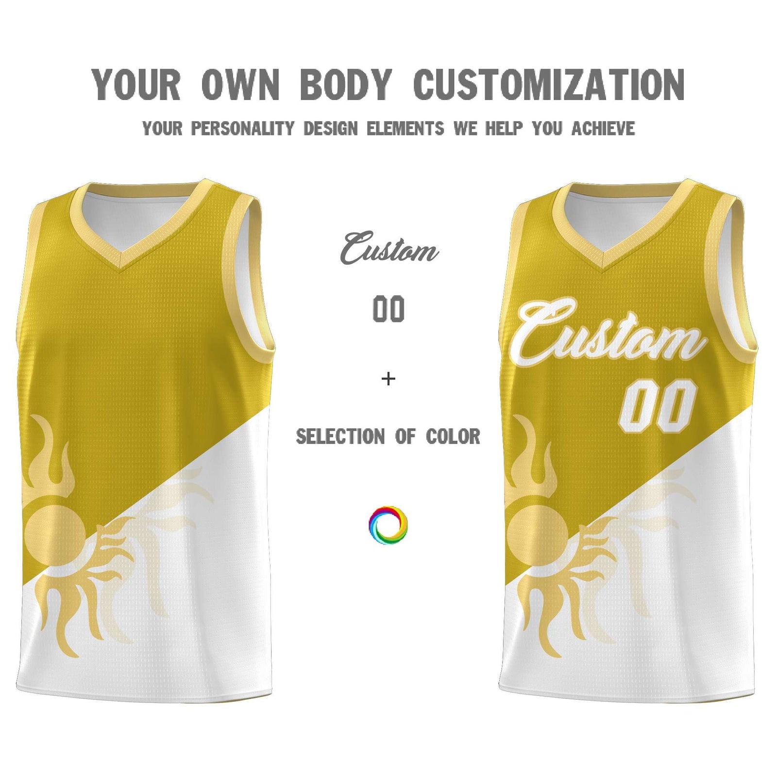 Custom Youth Basketball Jerseys - Old Gold White Radiant Sun Design Two Tone Uniforms