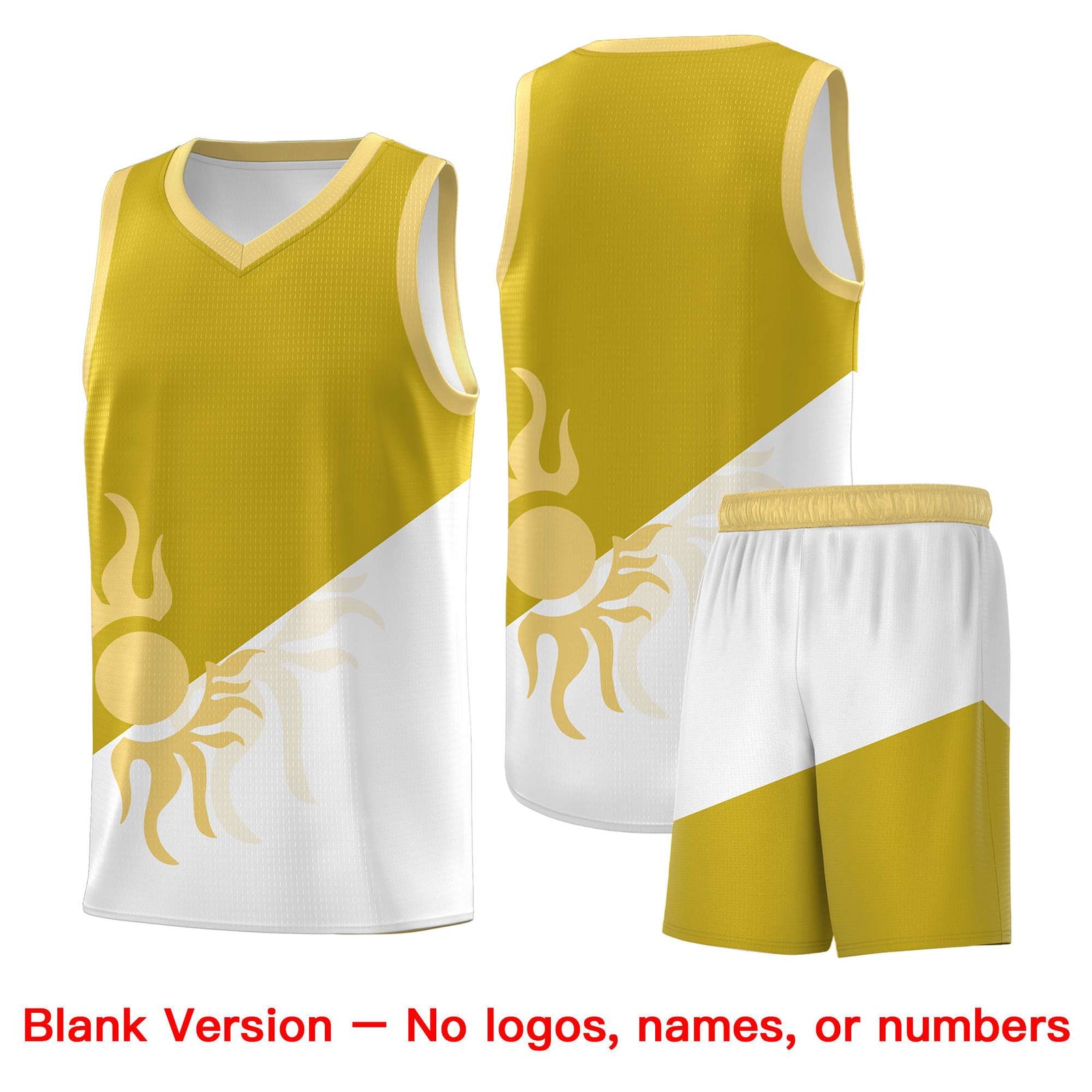 Custom Youth Basketball Jerseys - Old Gold White Radiant Sun Design Two Tone Uniforms