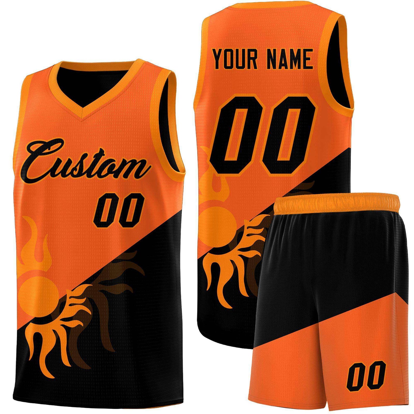 Custom Youth Basketball Jerseys - Orange Black Radiant Sun Design Two Tone Uniforms